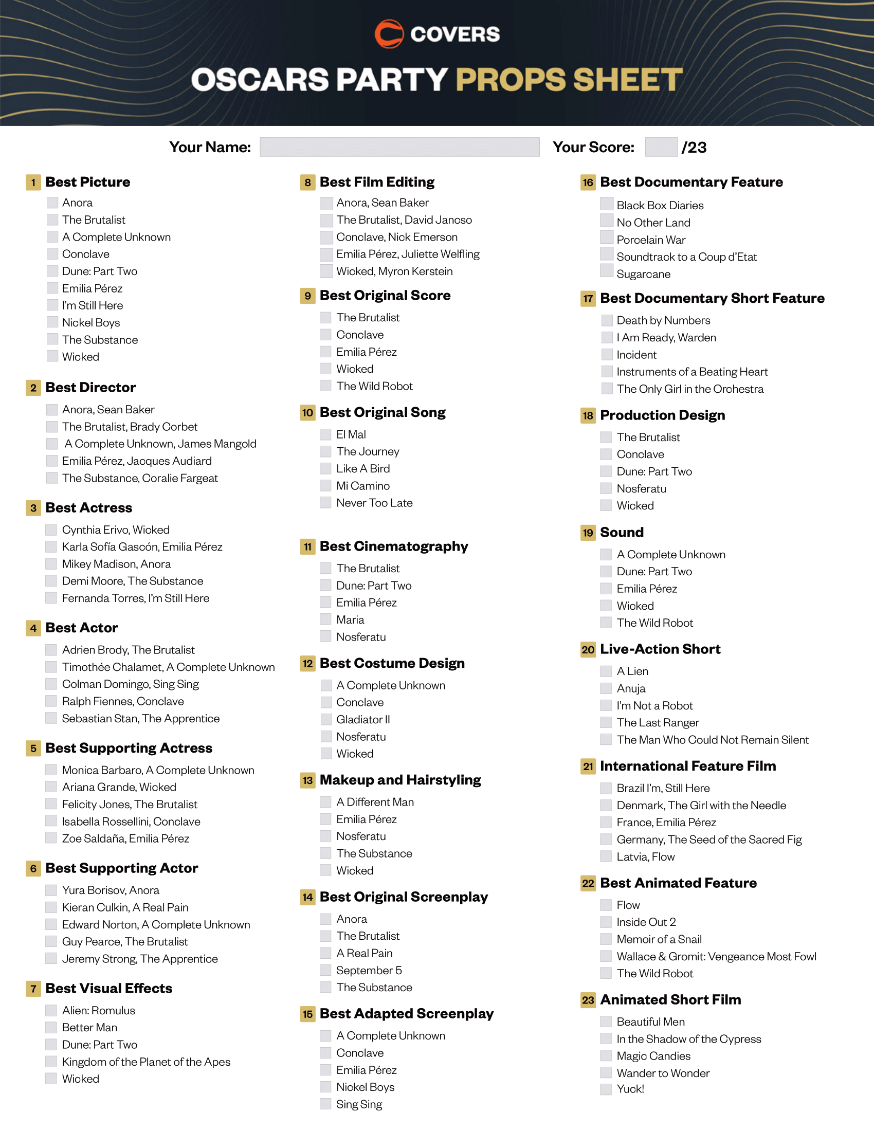 2025 OSCARS BALLOT FREE PRINTABLE SHEET FOR THE 97TH ACADEMY AWARDS TONIGHT 2025 OSCARS BALLOT FREE PRINTABLE SHEET FOR THE 97TH ACADEMY AWARDS TONIGHT
