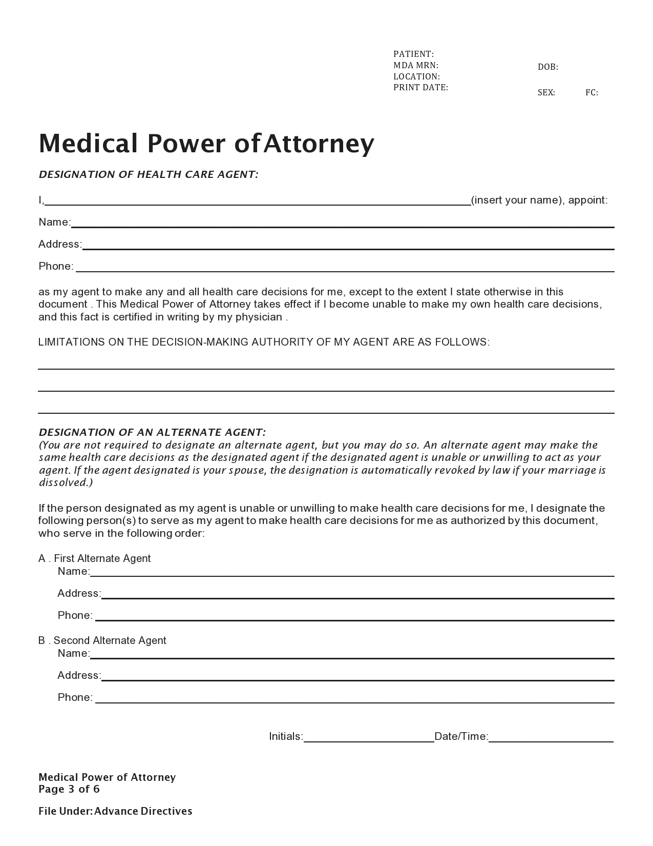 free printable medical power of attorney template