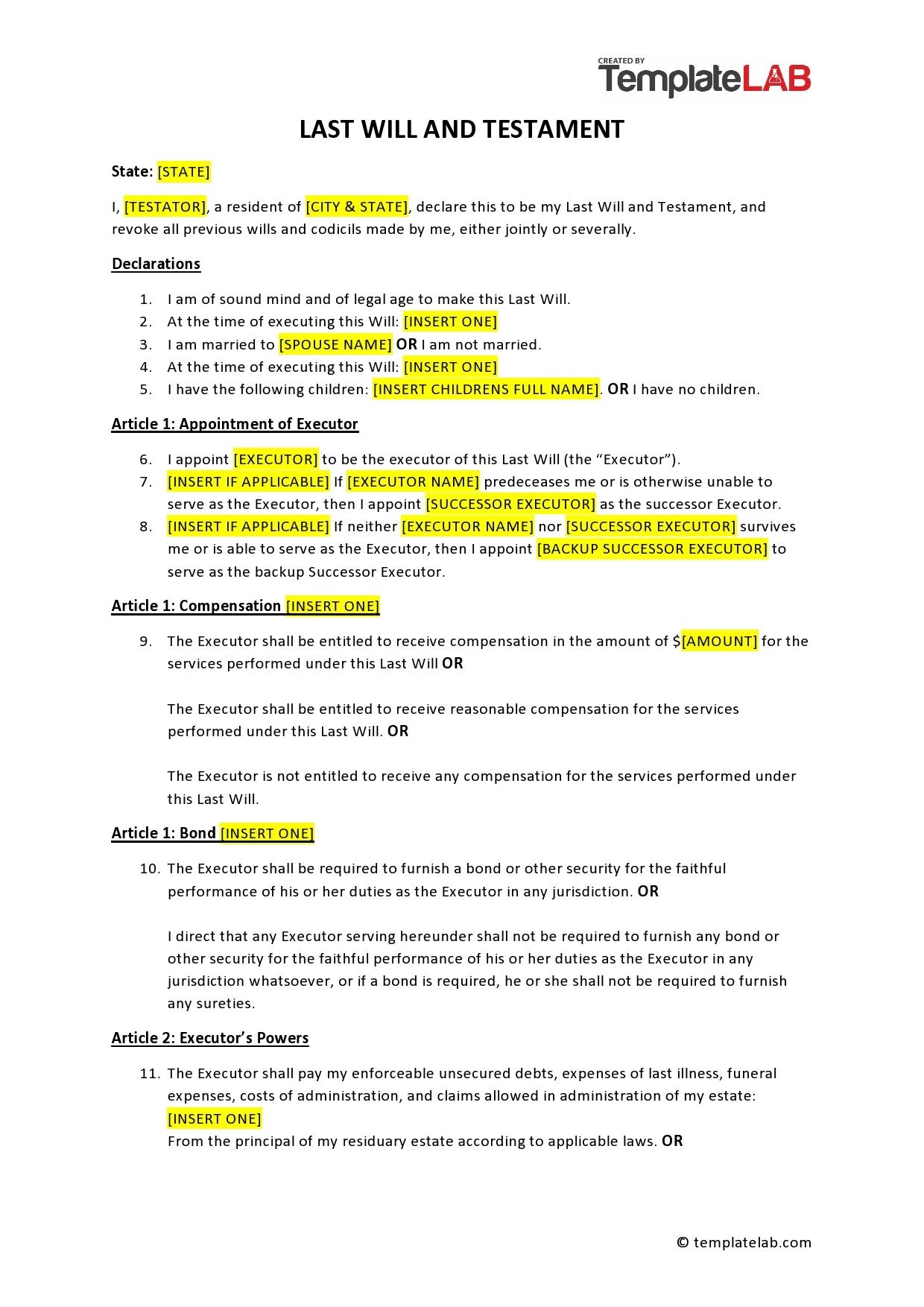 printable last will and testament template
