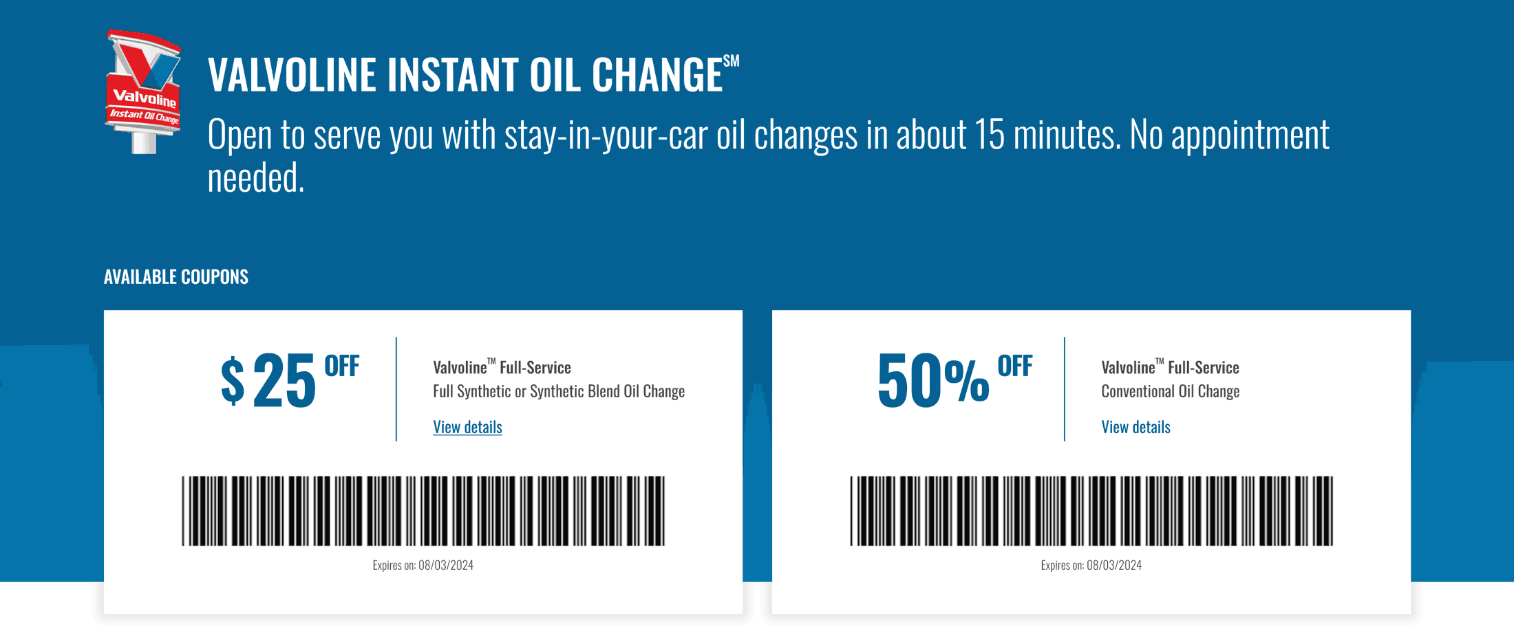 50 Off Full Service Conventional Or 25 Off Synthetic Oil Change At Valvoline Valvoline September 2025 Coupons Promo Codes Deals 
