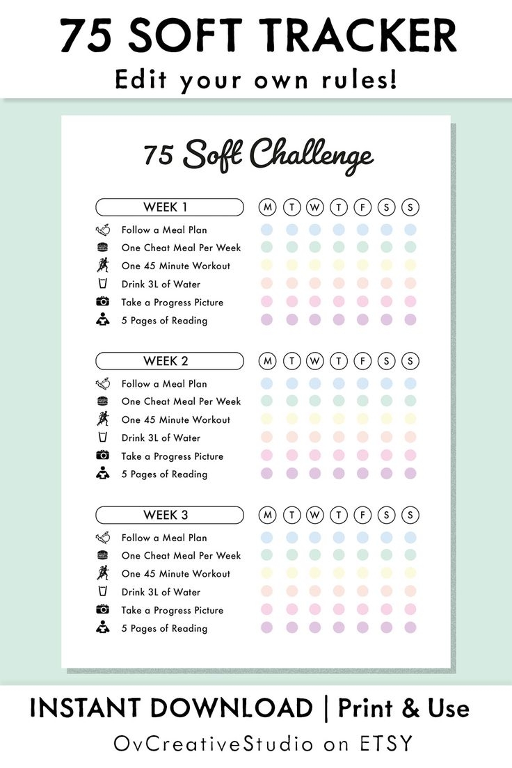 75 Soft Challenge Rules PDF 75 Soft Tracker 75 Soft Meal Plan Workout Bullet Journal Rainbow