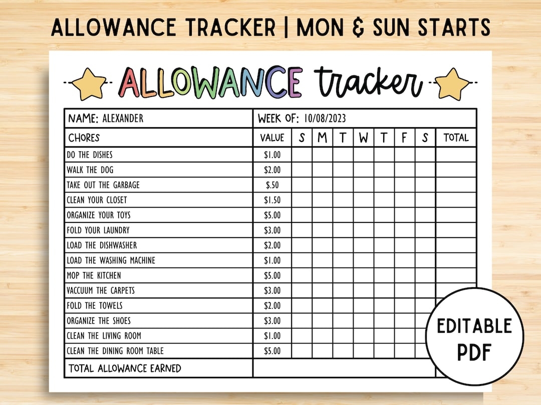 Allowance Tracker Weekly Allowance Chore Chart Editable Allowance Chart For Kids Earn Money Chart Money Reward Chart Printable PDF Etsy Allowance Tracker Weekly Allowance Chore Chart Editable Allowance Chart For Kids Earn Money Chart Money Reward Chart Printable PDF Etsy