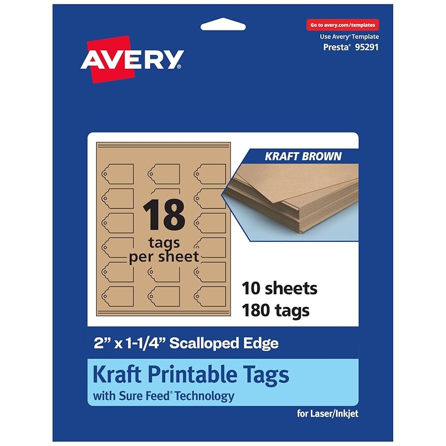 Amazon Avery Printable Rectangle Scalloped Tags Sure Feed Technology 2 X 1 1 4 Kraft Brown Cardstock Print To The Edge Laser Inkjet Printable 180 Total Great For Custom Gift Or Branding Tags