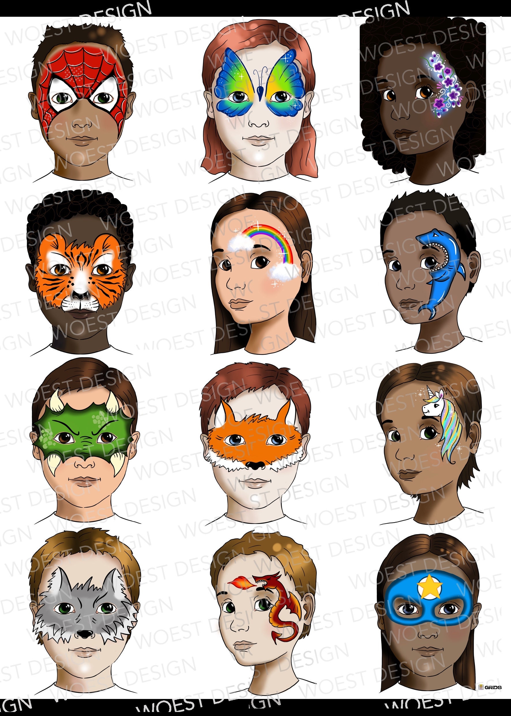 Basic Set A DIGITAL DOWNLOAD Face Paint Design Board Face Painting Template Board Menu Designs Digital Download Etsy Denmark