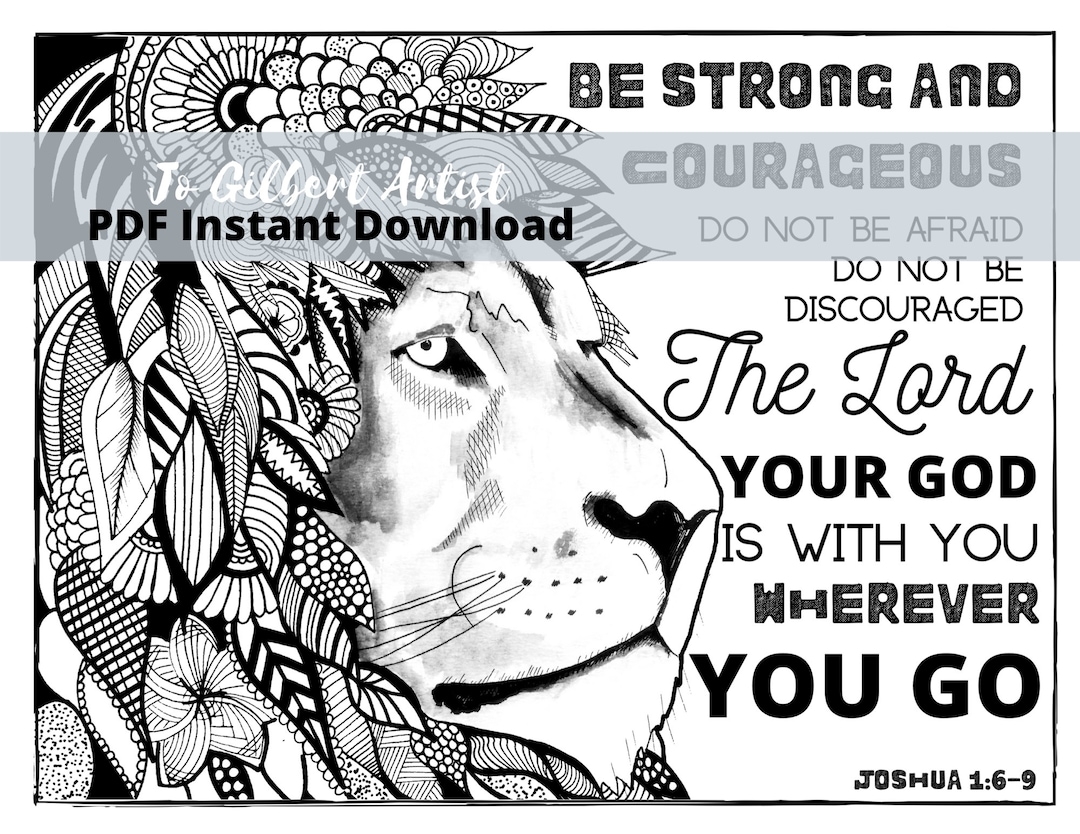 Bible Verse Coloring Page PDF Download Be Strong Courage Joshua Christian Art Digital Download Etsy