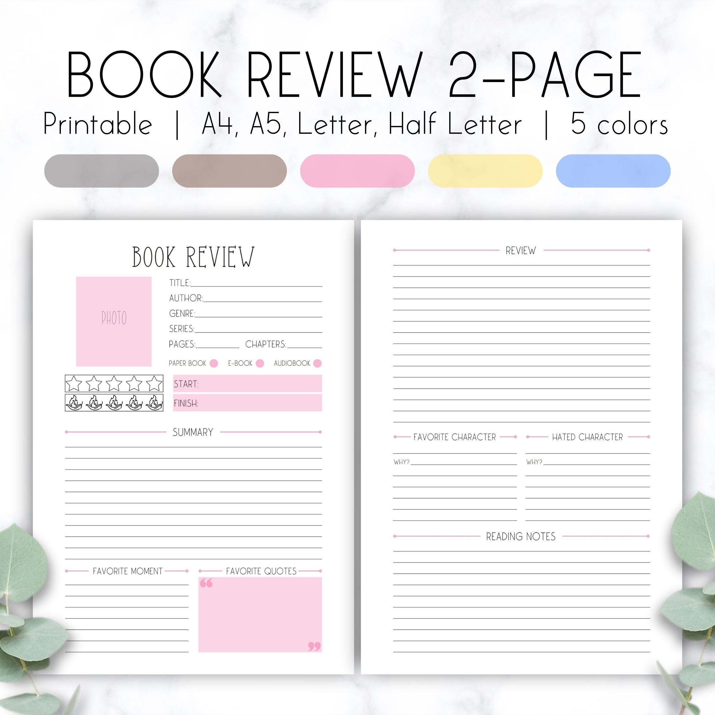 Book Review Template Reading Tracker Printable Reading Journal A4 A5 Letter Half Letter Digital Book Review For Book Club And Book Lovers Etsy