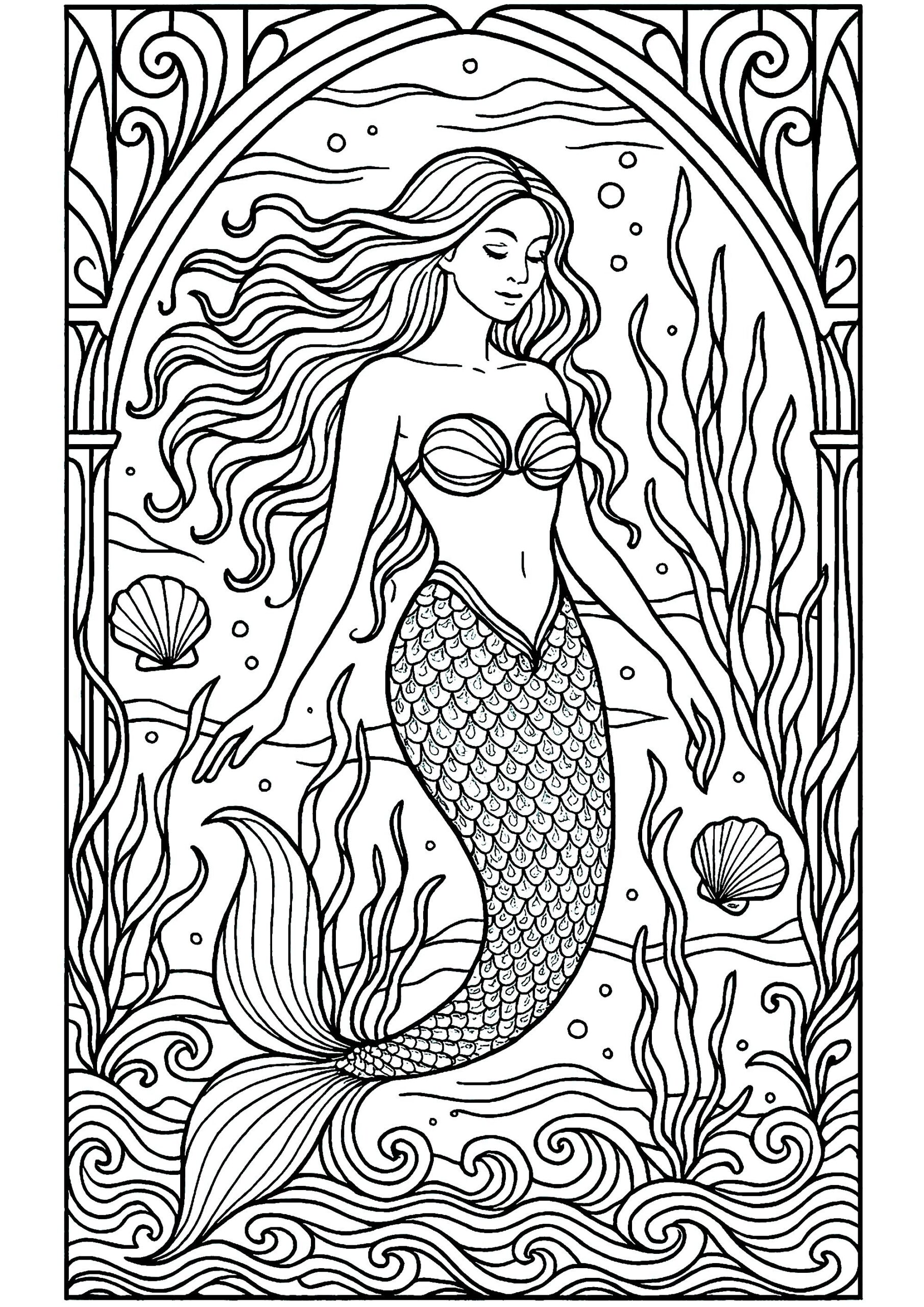 Complex Drawing Of A Beautiful Mermaid Mermaid Coloring Pages For Adults
