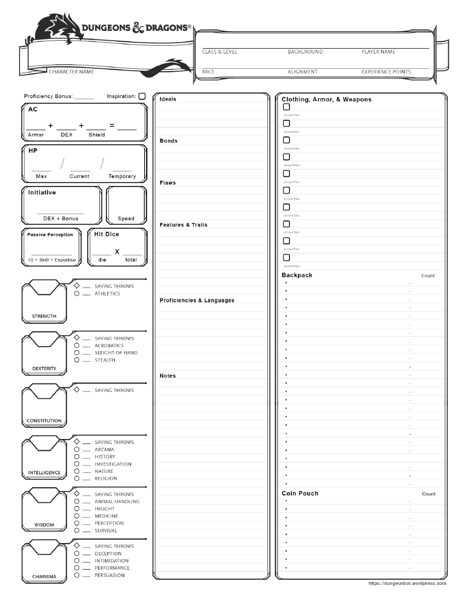 D d One Page Character Sheet Download Printable PDF Templateroller