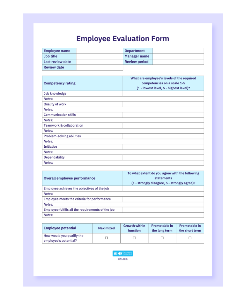 printable employee performance review template
