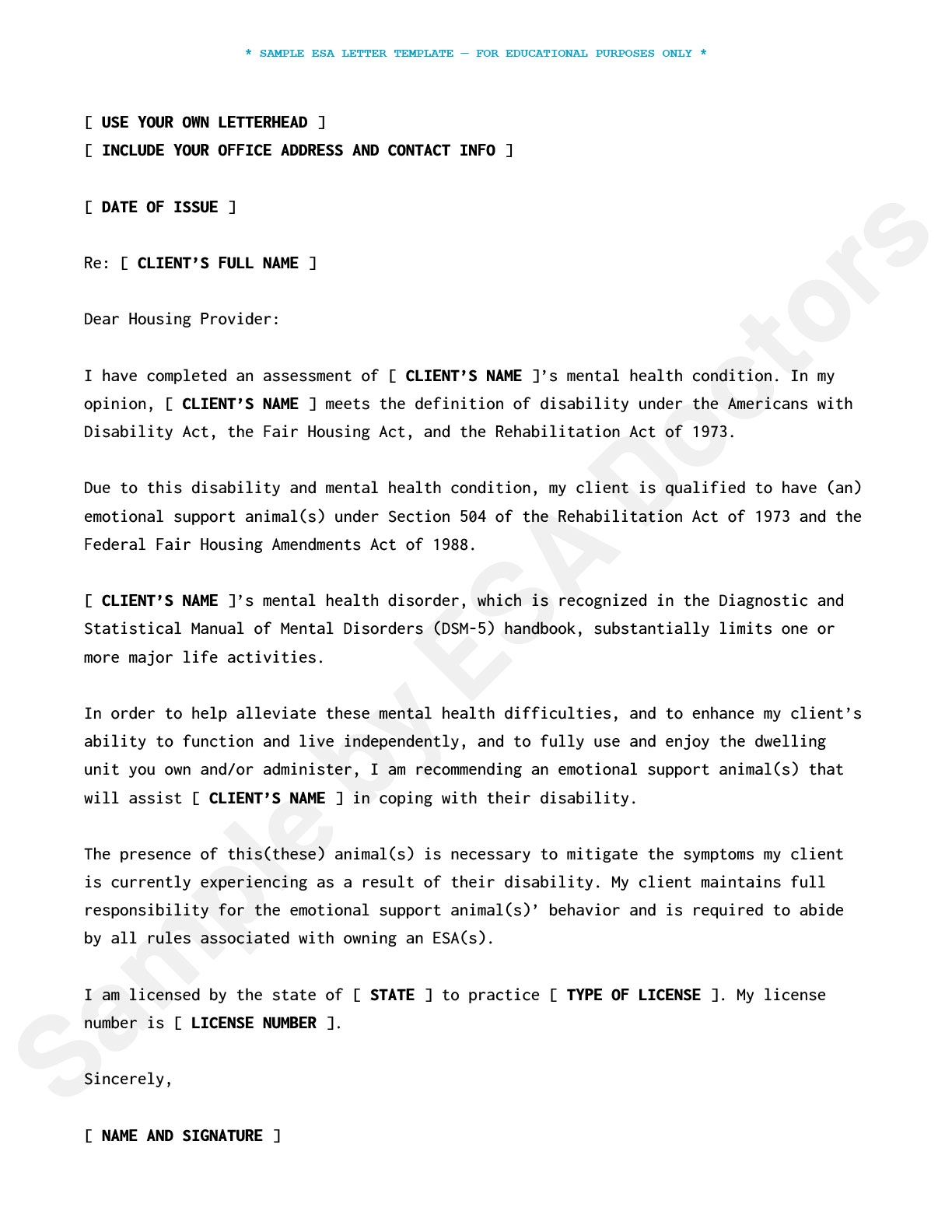 ESA Letter Template For Healthcare Professionals ESA Doctors ESA Letter Template For Healthcare Professionals ESA Doctors