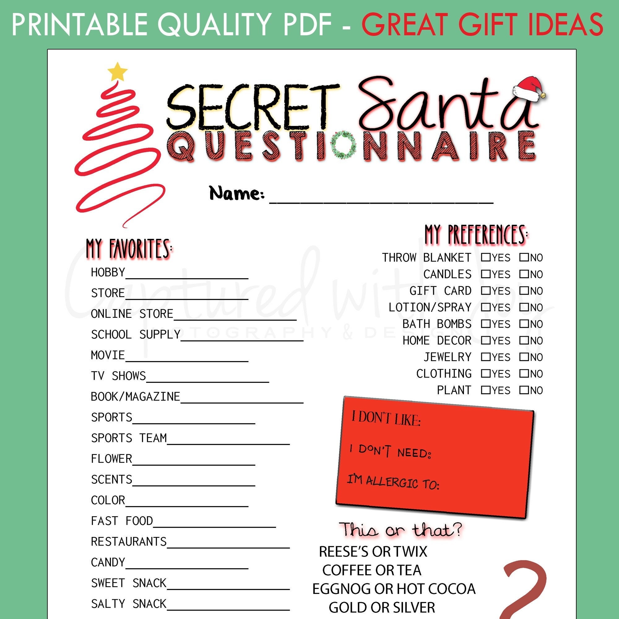 FILLABLE Printable PDF Secret Santa Questionnaire For Gift Exchange work Or Personal Etsy FILLABLE Printable PDF Secret Santa Questionnaire For Gift Exchange work Or Personal Etsy