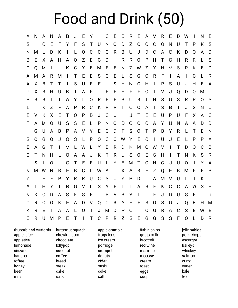 Food And Drink 50 Word Search WordMint Food And Drink 50 Word Search WordMint
