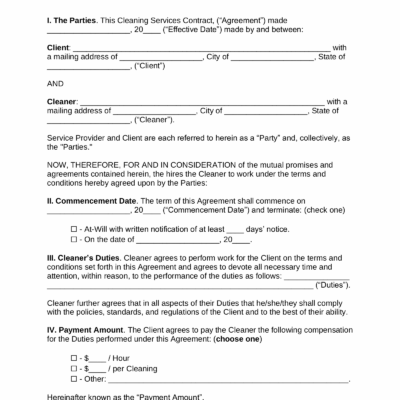 Free Cleaning Service Contract Template PDF Word EForms
