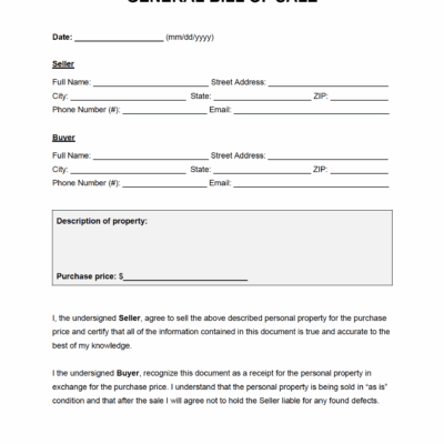 Free General Bill Of Sale Form PDF Word