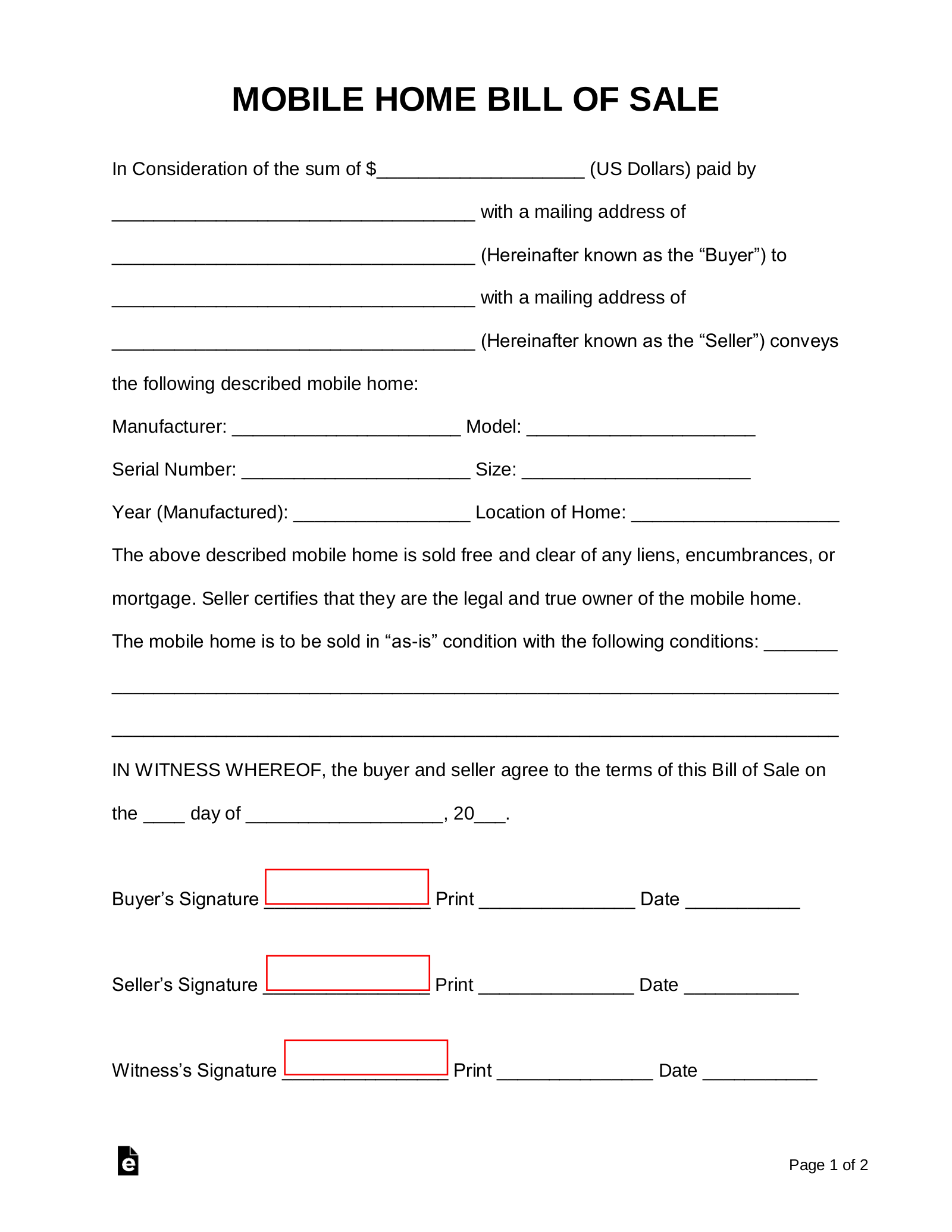 Free Mobile Manufactured Home Bill Of Sale Form PDF Word EForms Free Mobile Manufactured Home Bill Of Sale Form PDF Word EForms
