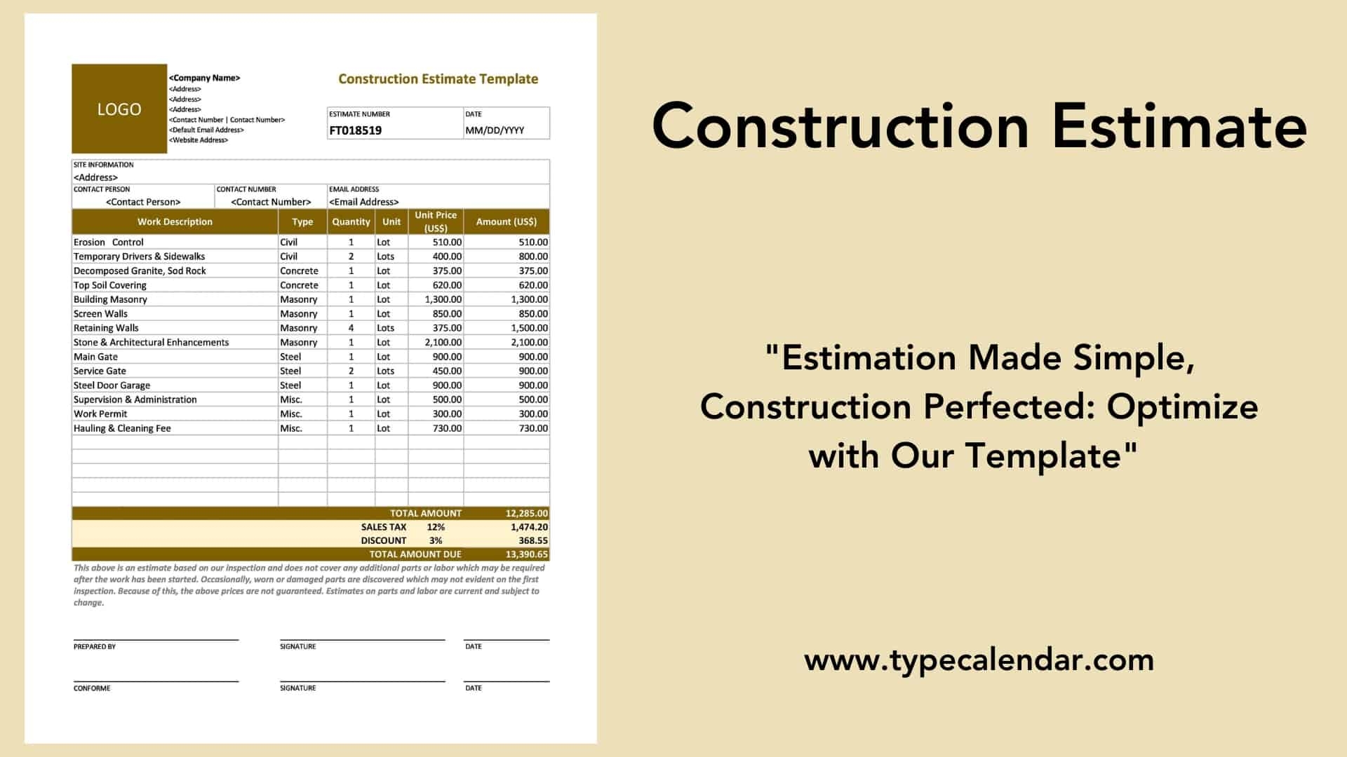 Free Printable Construction Estimate Templates Excel PDF Word 