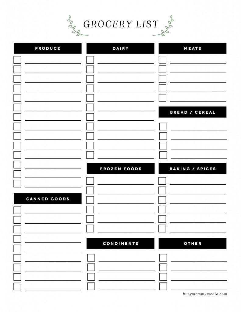printable grocery list template