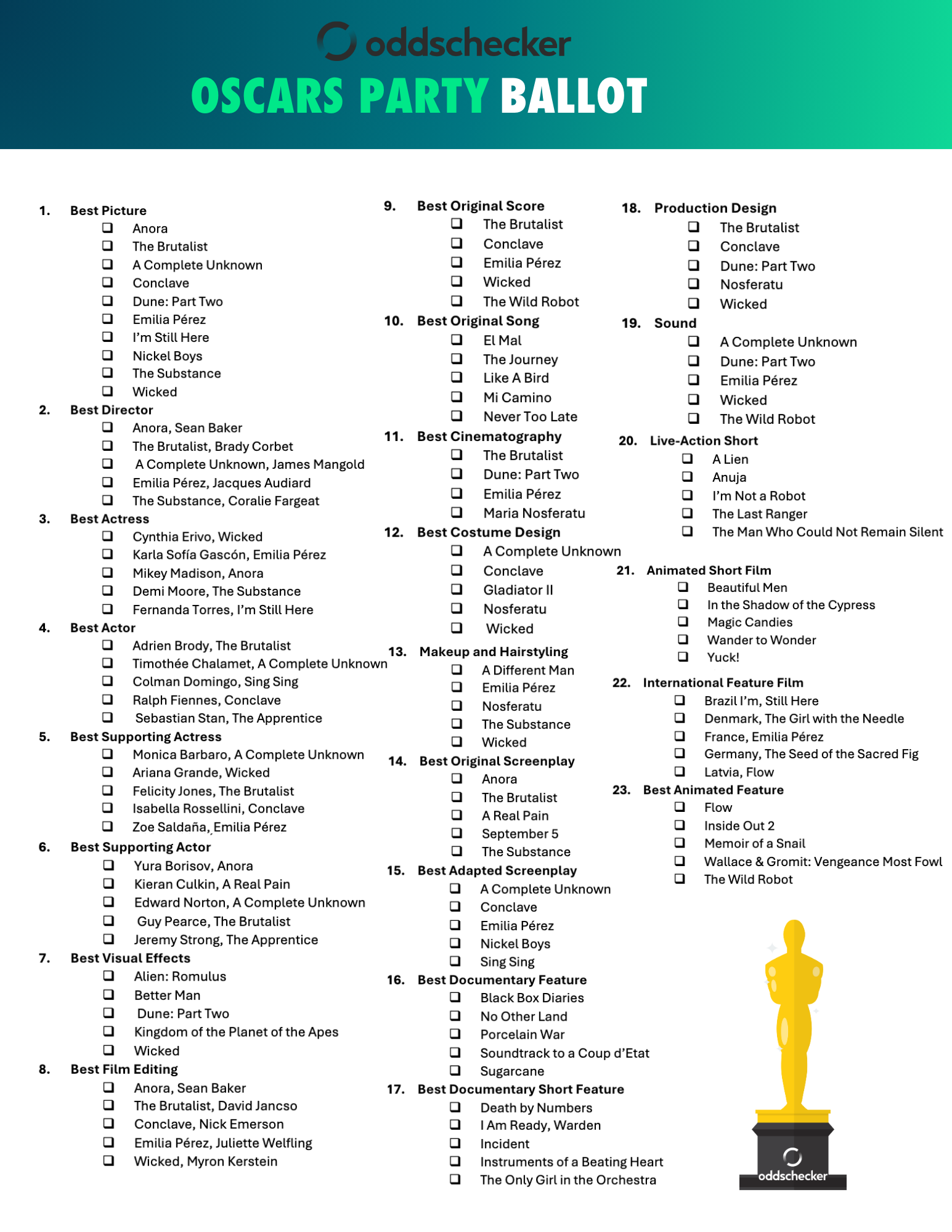 printable oscar ballot 2025 printable oscar ballot 2025