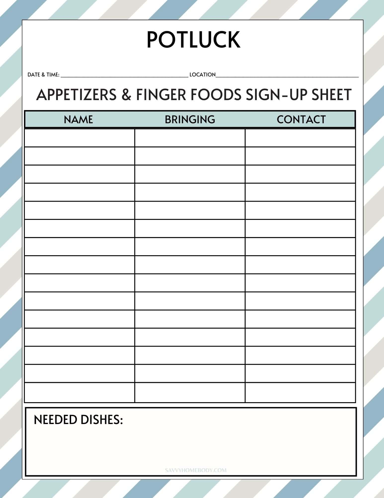 Free Printable Potluck Sign Up Sheets