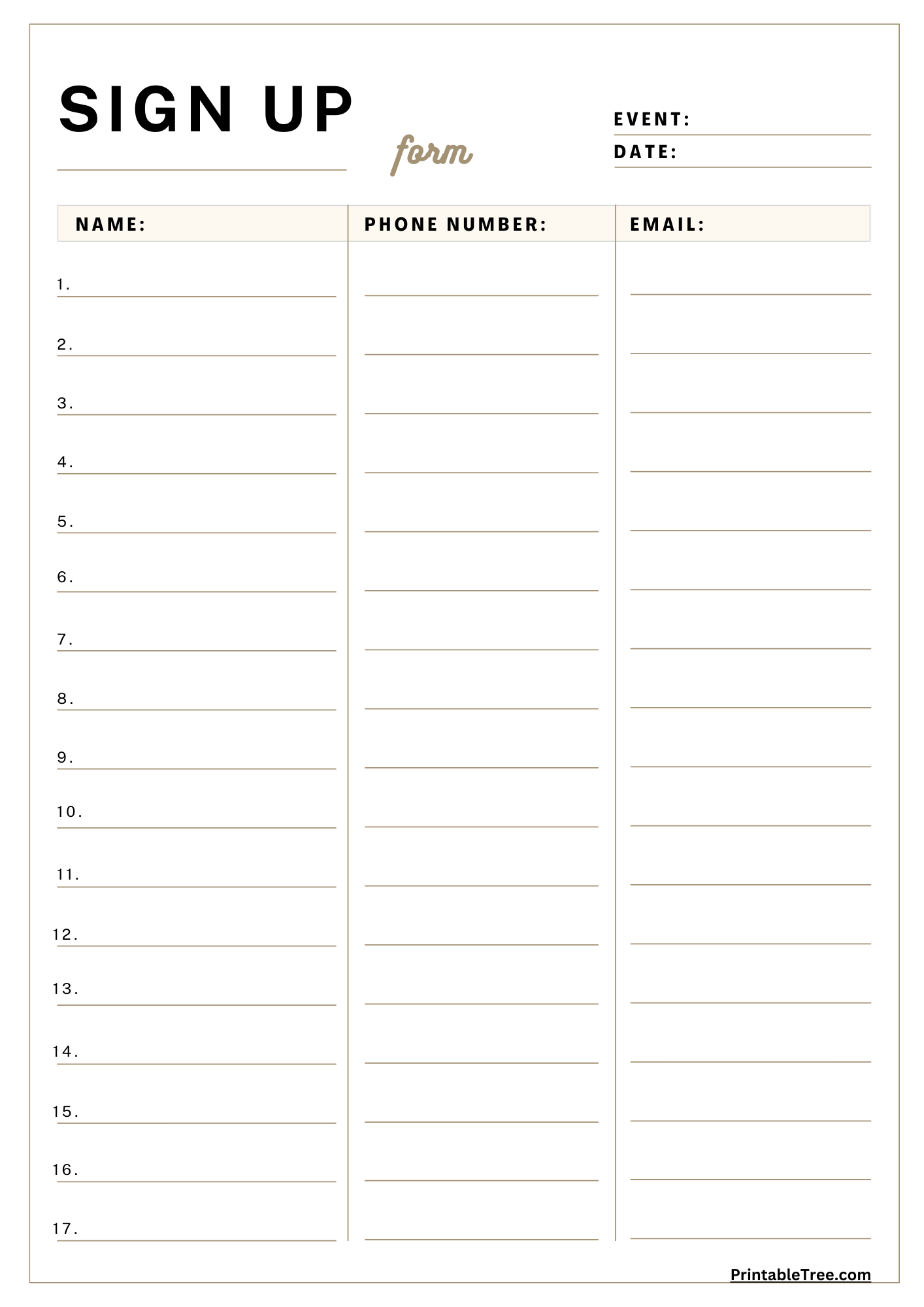 sign up sheet printable