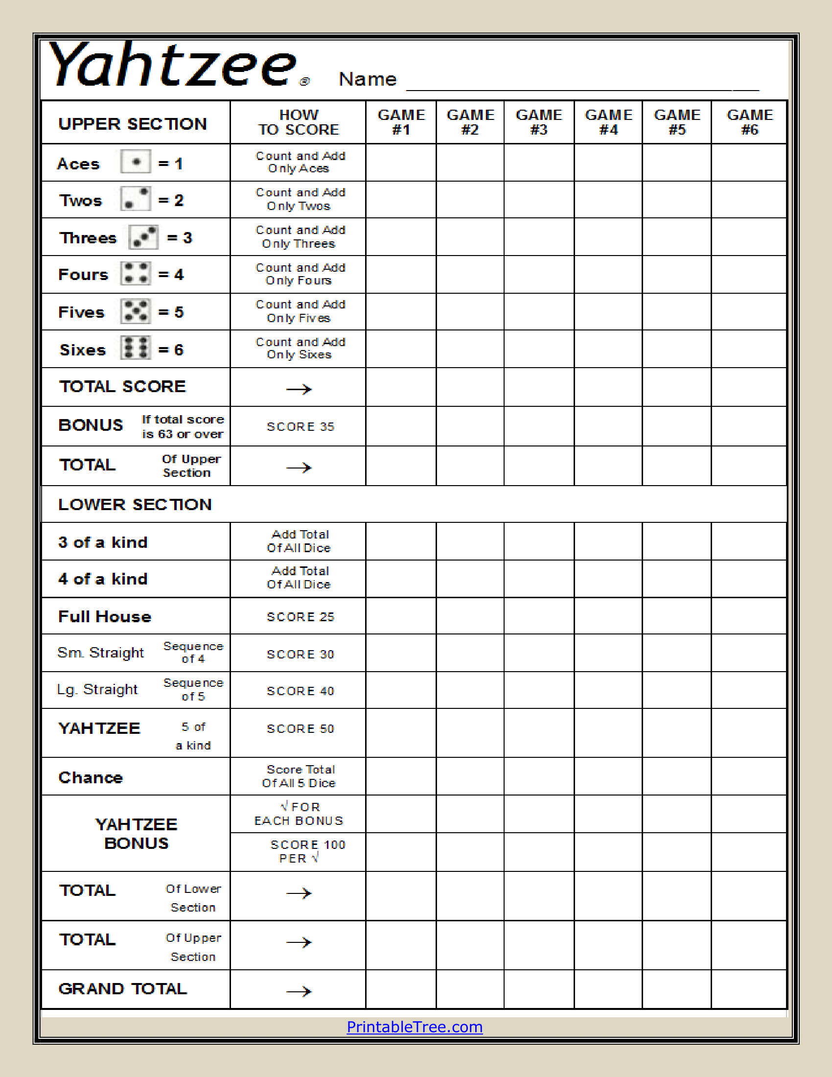 yahtzee score card printable