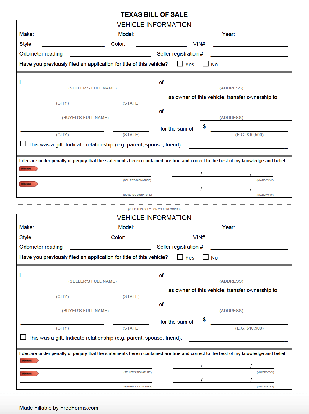 Free Texas Bill Of Sale Forms PDF