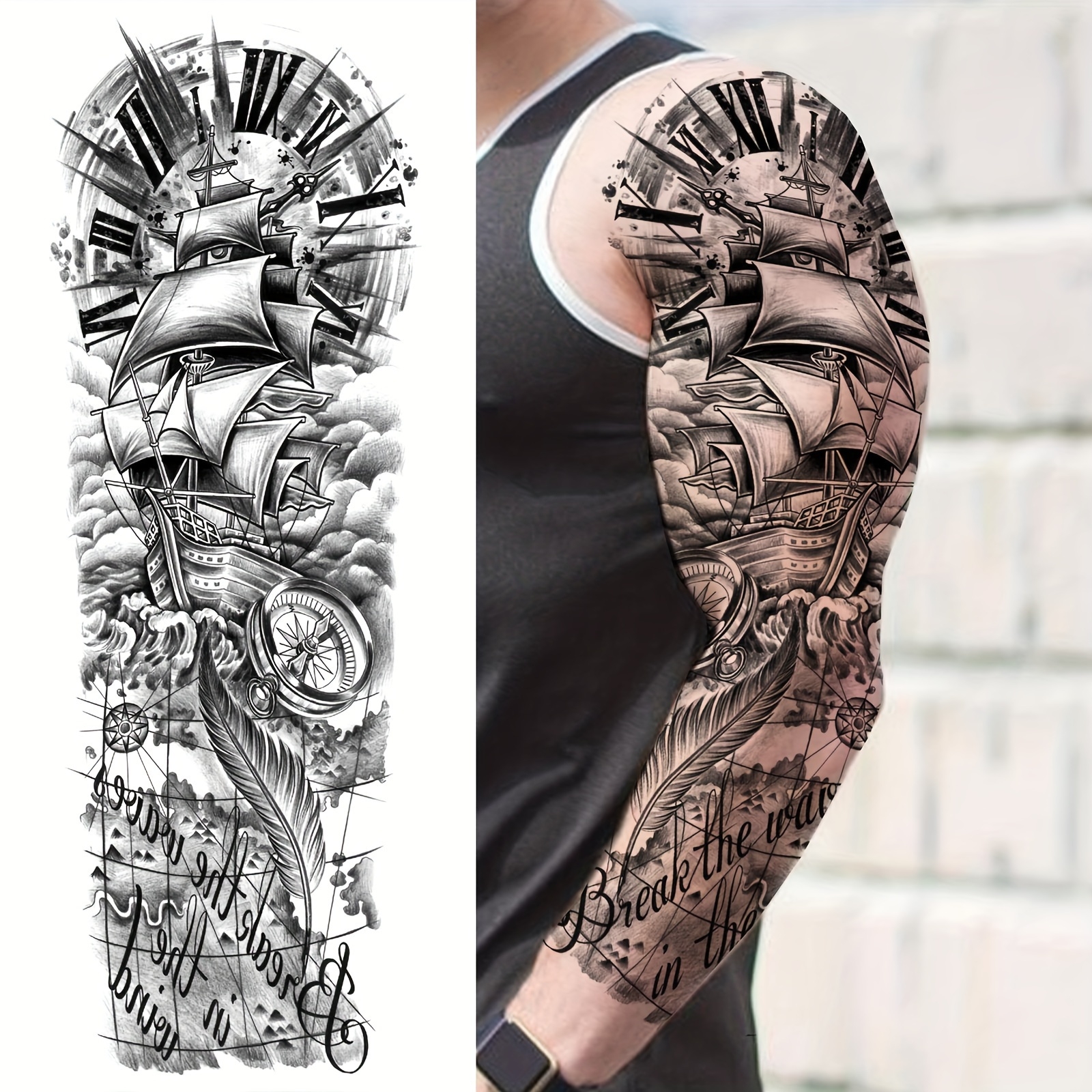 Full Arm Temporary Tattoo Sleeve Men Women Pirate Temu