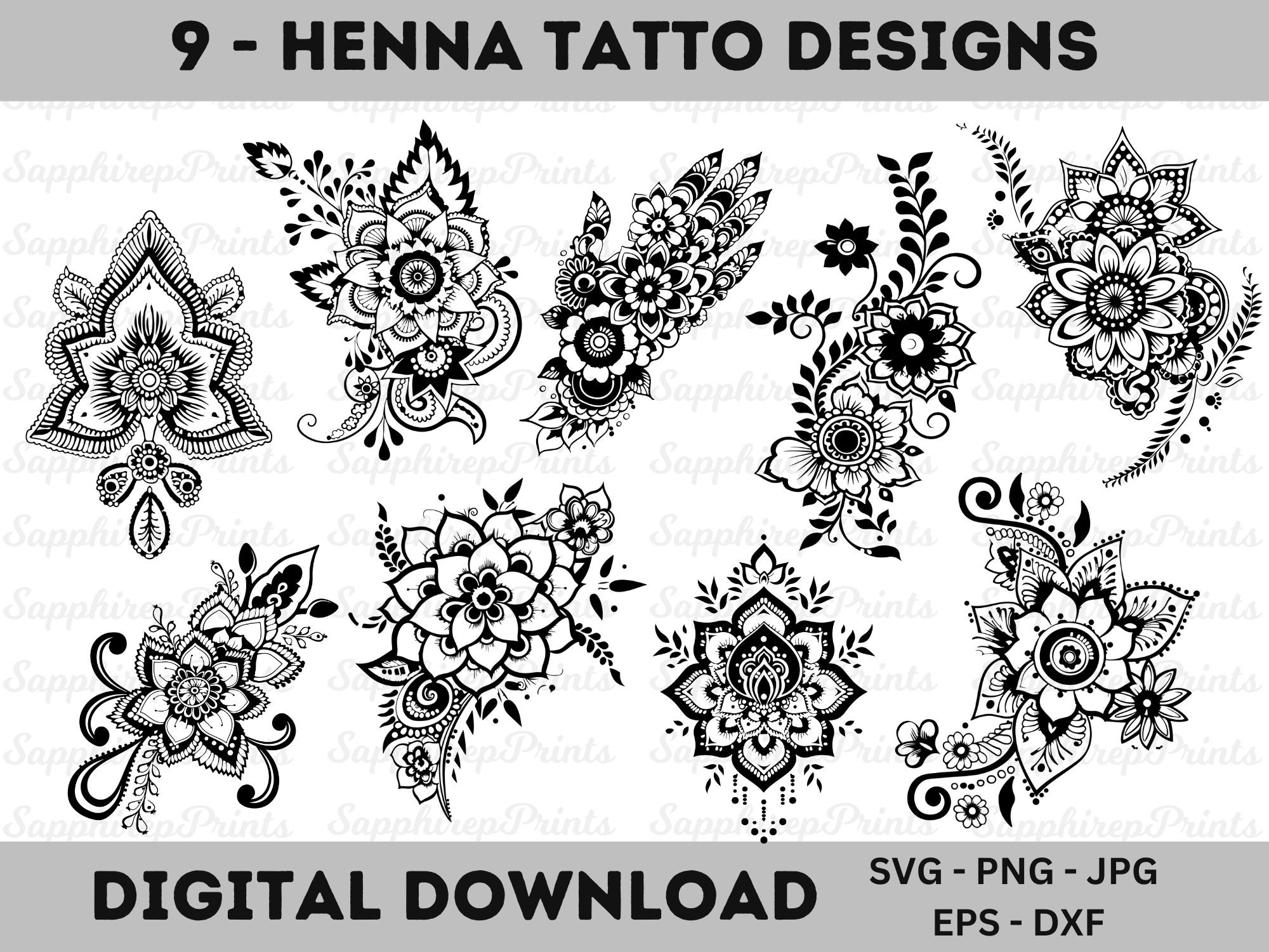Henna Tattoo Designs Mehndi Design In Black Svg Png Mehndi Svg File Henna Drawing Clipart Floral Templates Henna Flower Digital Design Etsy