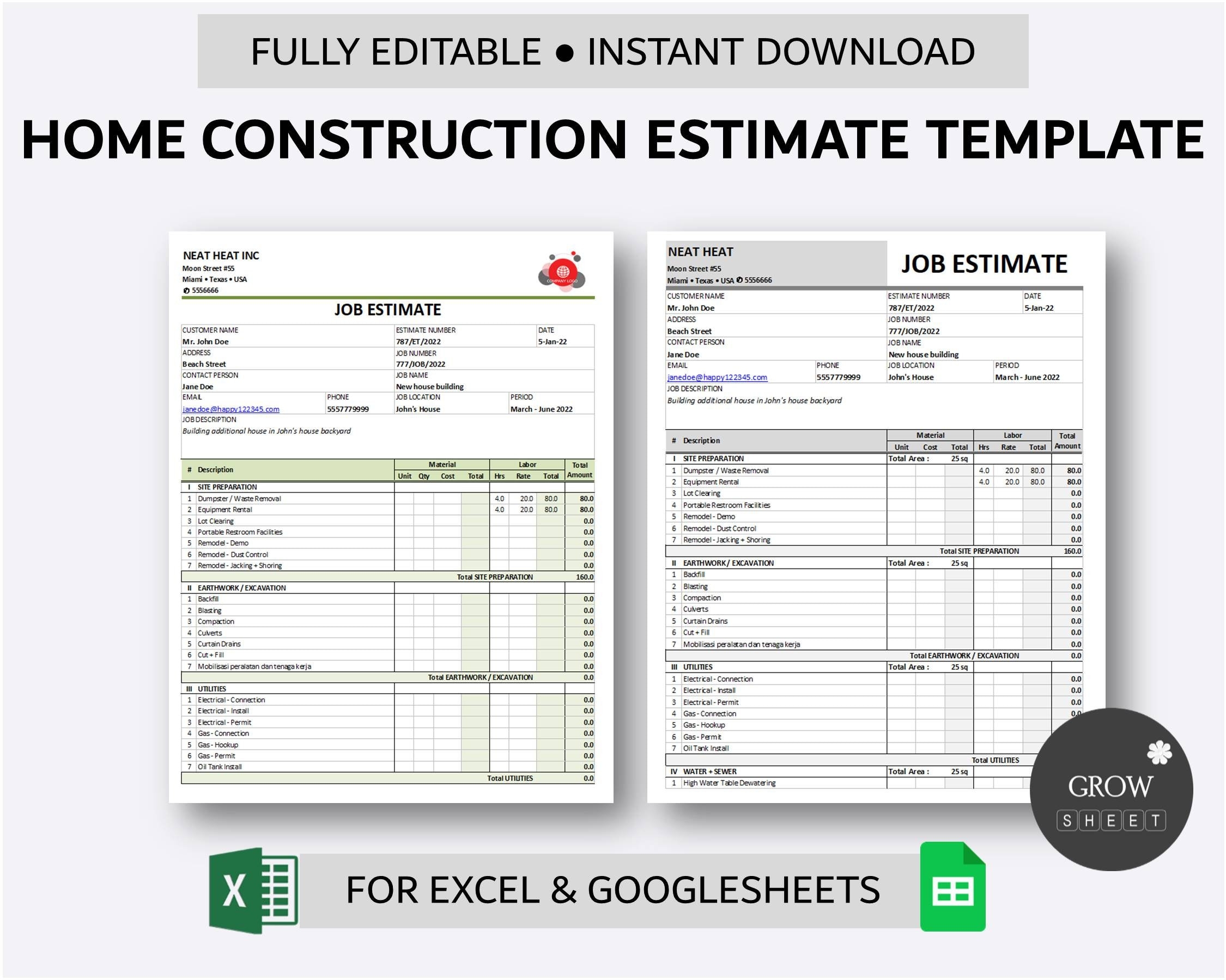 printable construction estimate template