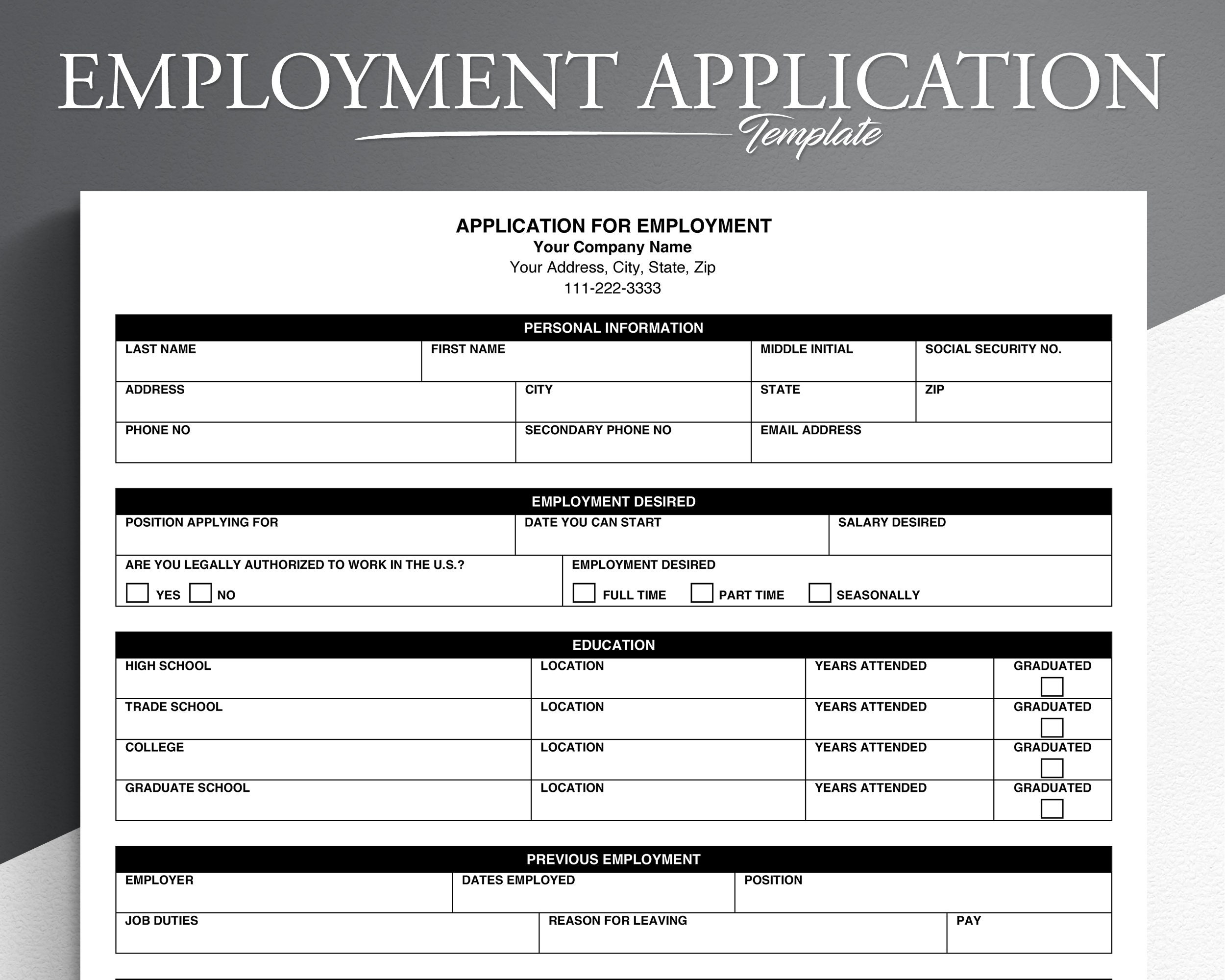 printable employment application template