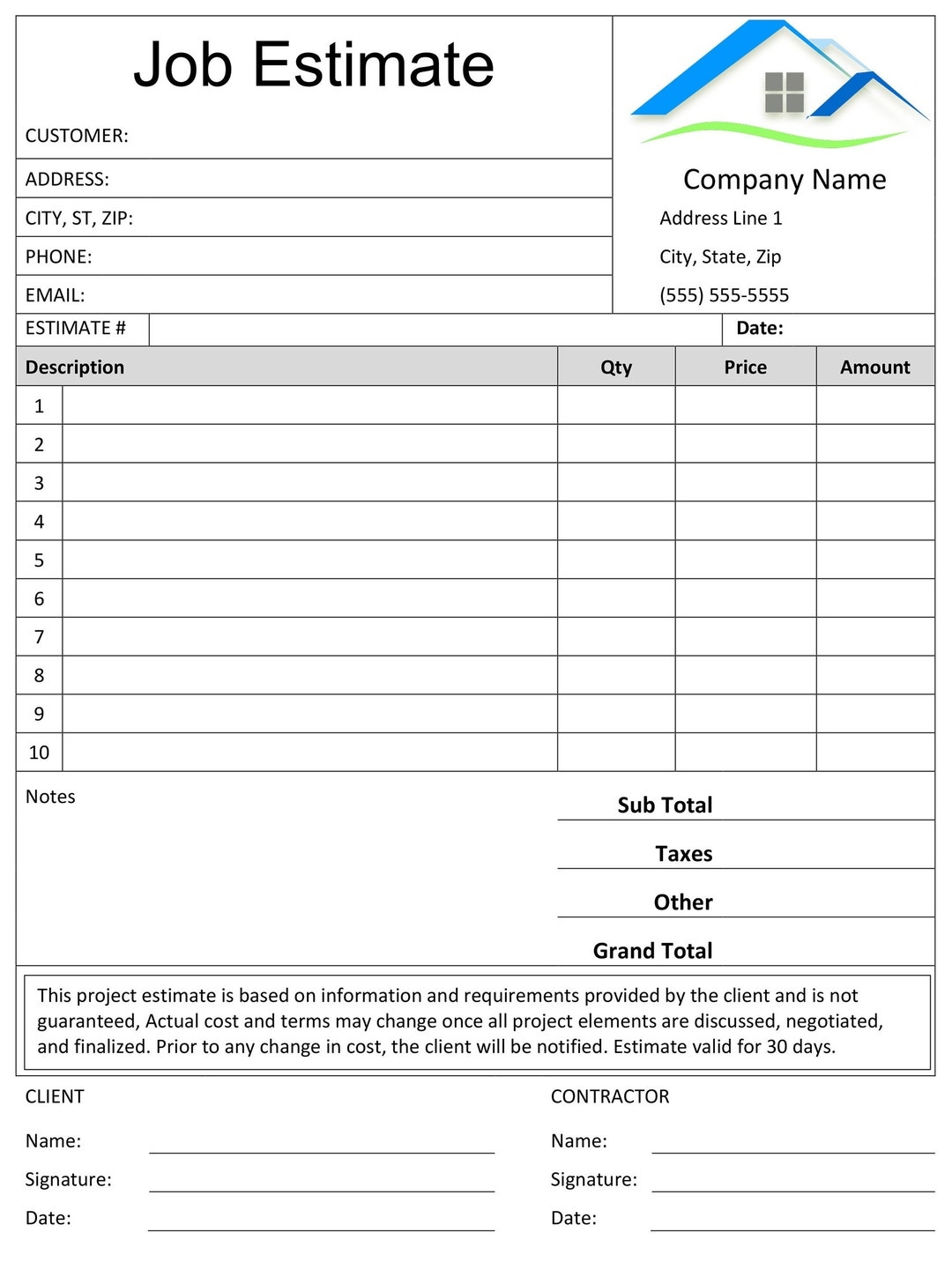 Job Estimate Template Microsoft Word Editable Doc Google Doc Printable Construction Bid Form Etsy