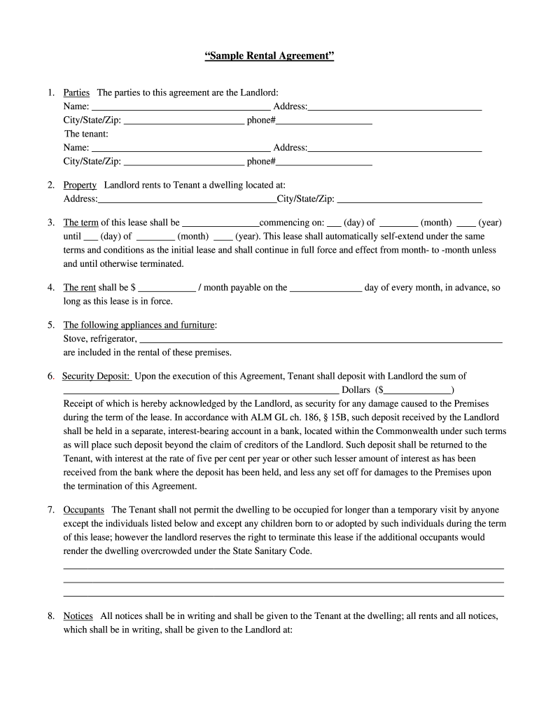 MA Sample Rental Agreement Form Fill Online Printable Fillable Blank PdfFiller