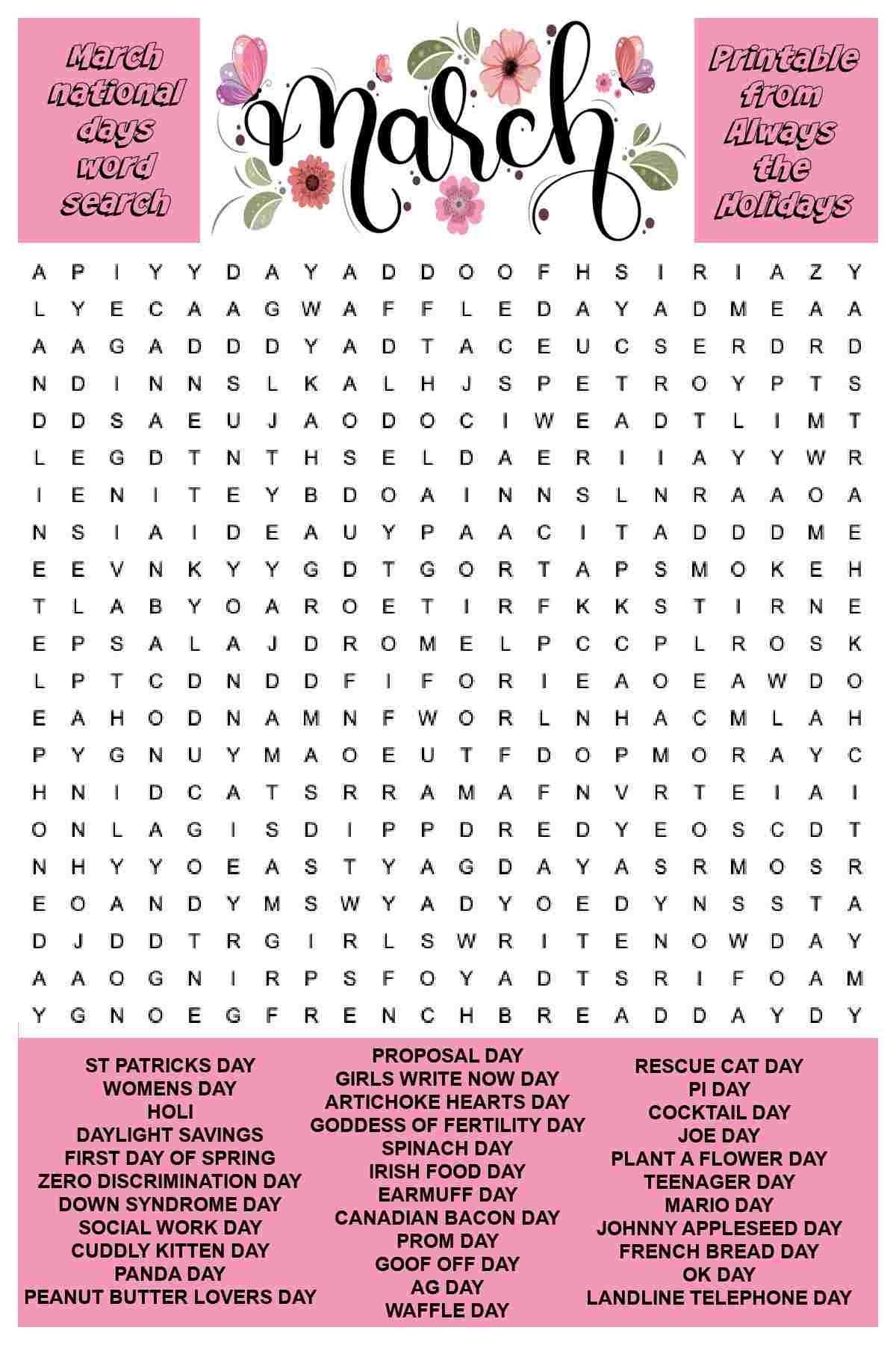 March Word Search Printable National Days Word Find Puzzles March Word Search Printable National Days Word Find Puzzles