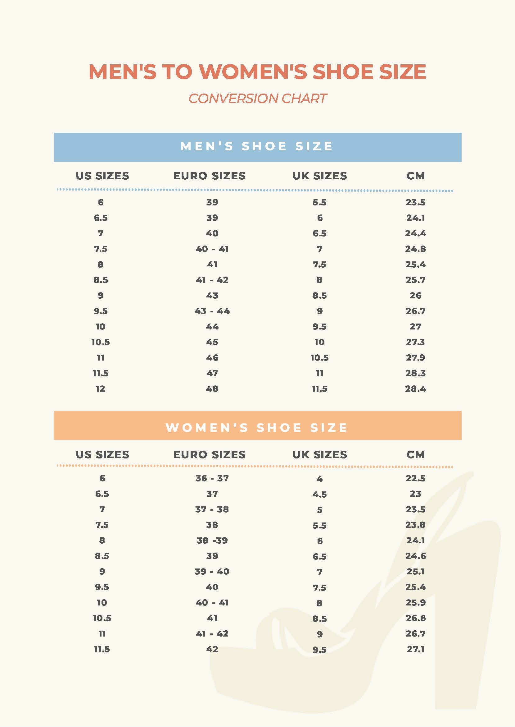 template printable shoe size chart for adults