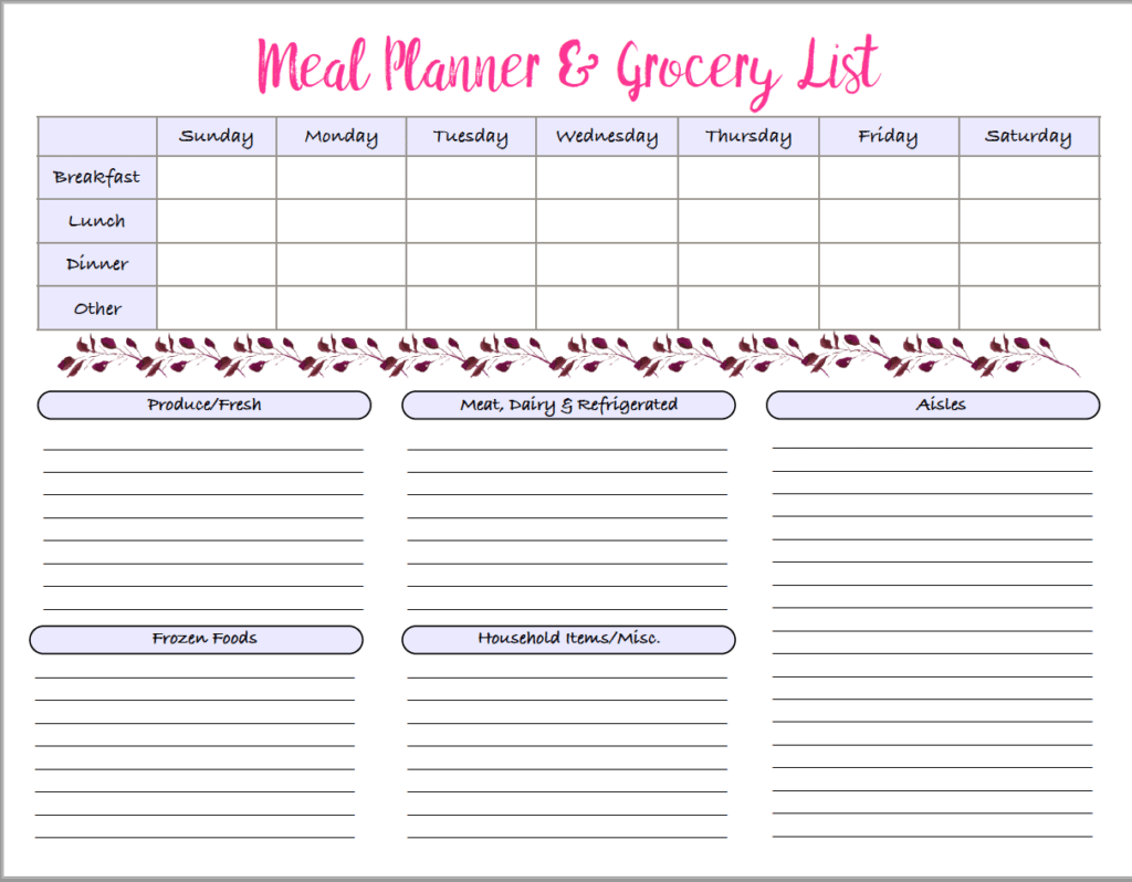 printable meal planner template