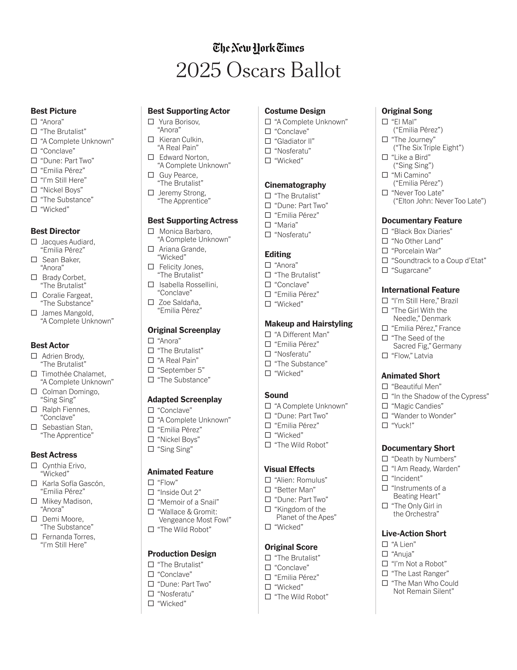 Oscars 2025 Print Your Ballot To Make Your Predictions The New York Times Oscars 2025 Print Your Ballot To Make Your Predictions The New York Times