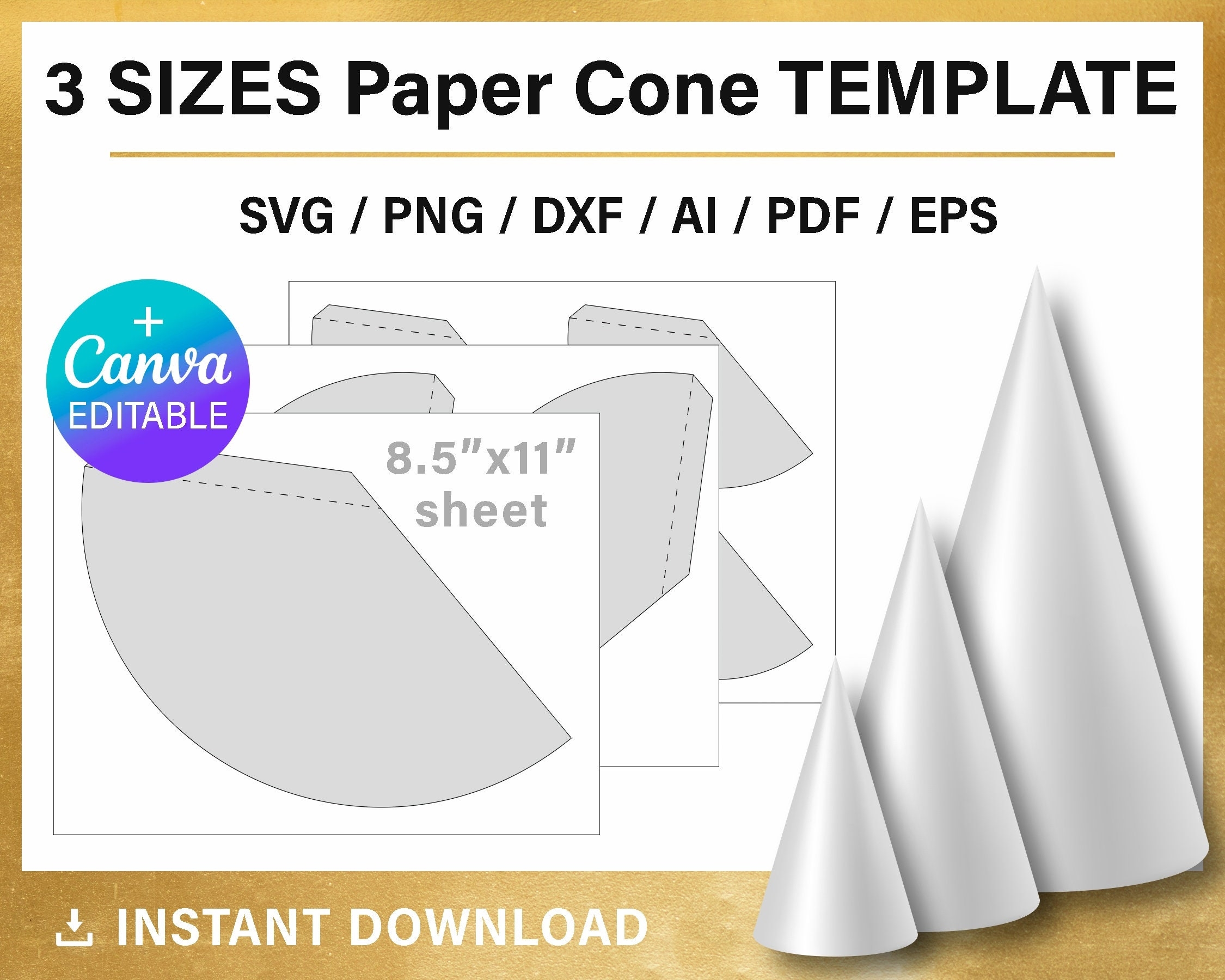 Paper Cone Template Bundle DIY 3 size Blank Templates SVG PNG Canva Cricut Instant Download Etsy