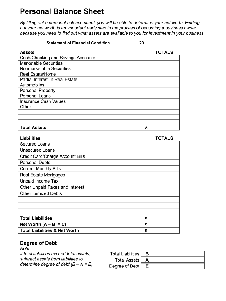 Personal Balance Sheet Template Pdf Fill Online Printable Fillable Blank PdfFiller
