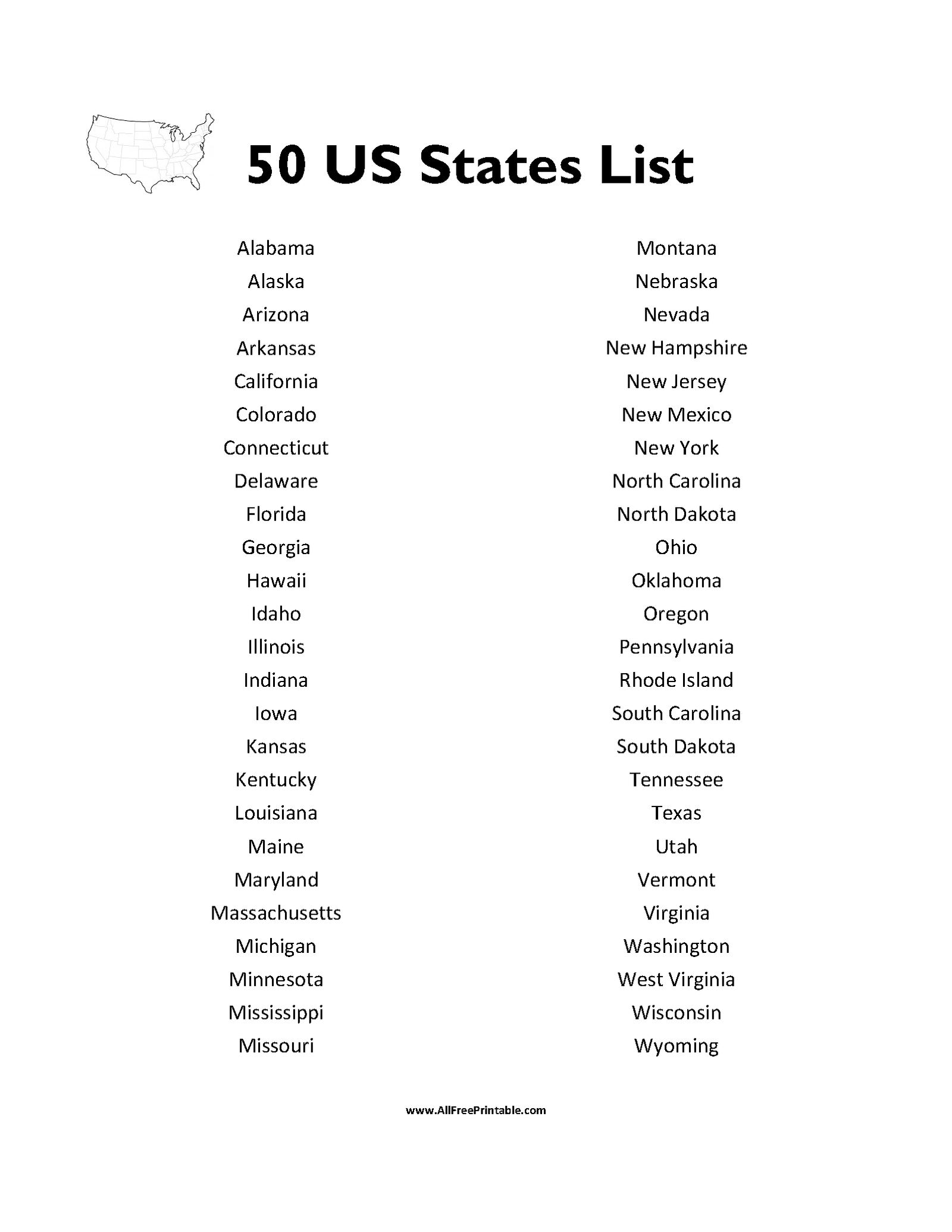 Print 50 States List Free Printable