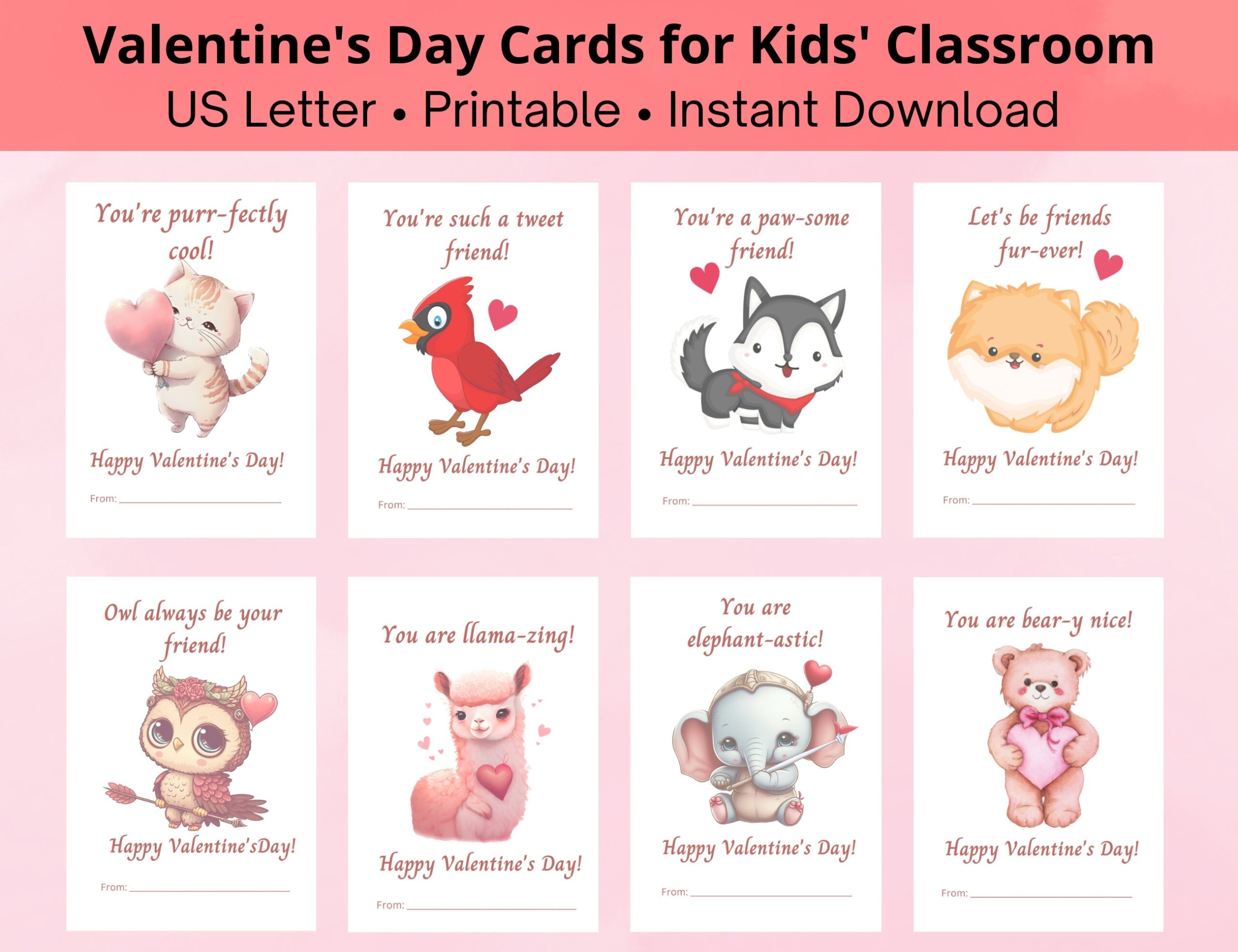 Printable Animal Valentine s Day Cards For Kids Cute Animal Valentine s Day Cards Printable Valentine Cards Set Preschool Valentines Etsy