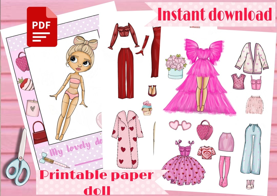 Printable Paper Doll Blythe Valentine s Day With Clothes Digital PDF Dress Up Cut Out Doll Busy Book Activity Fashion Girl Template Etsy