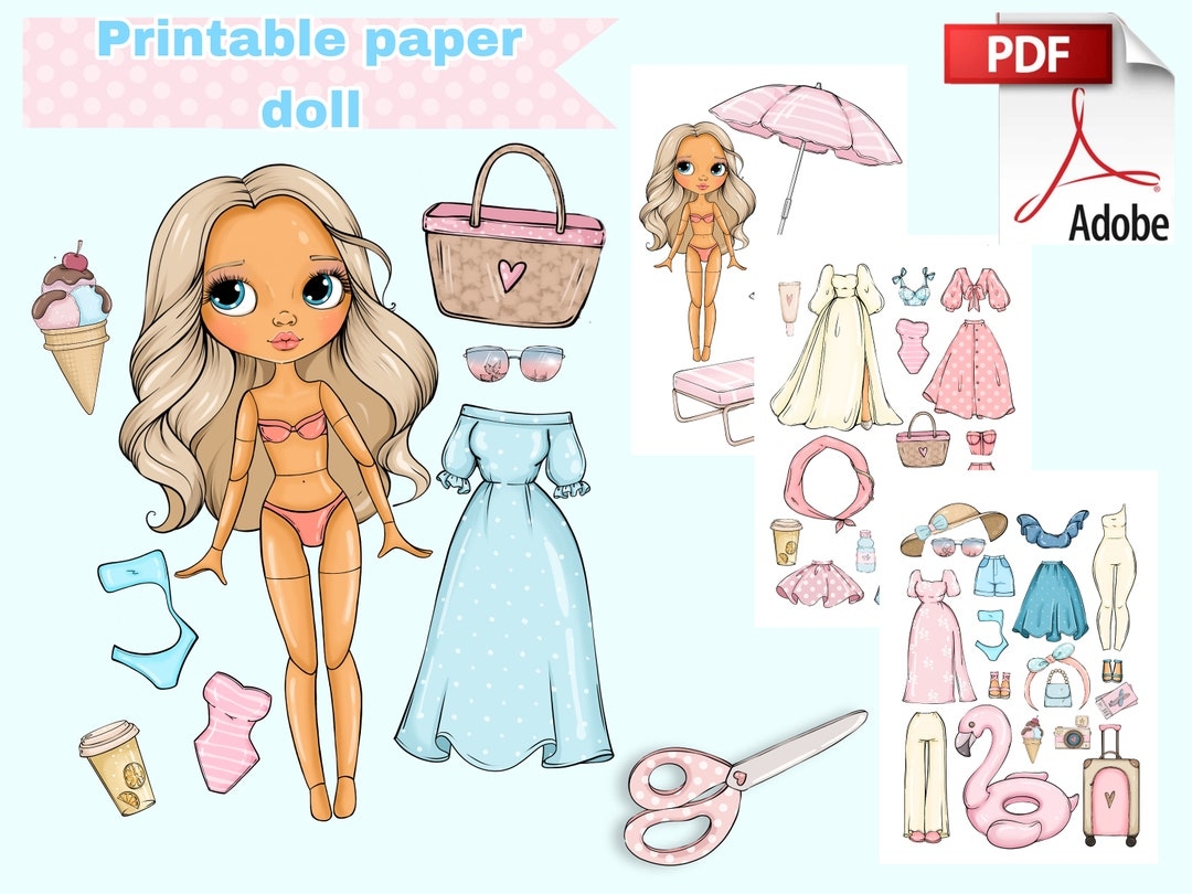 Printable Paper Doll Summer Blythe With Clothes Digital PDF Girly Busy Book Activity Dress Up Cut Out Doll Fashion Girl Template DIY Etsy Finland