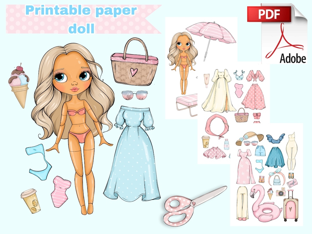 Printable Paper Doll Summer Blythe With Clothes Digital PDF Girly Busy Book Activity Dress Up Cut Out Doll Fashion Girl Template DIY Etsy Israel