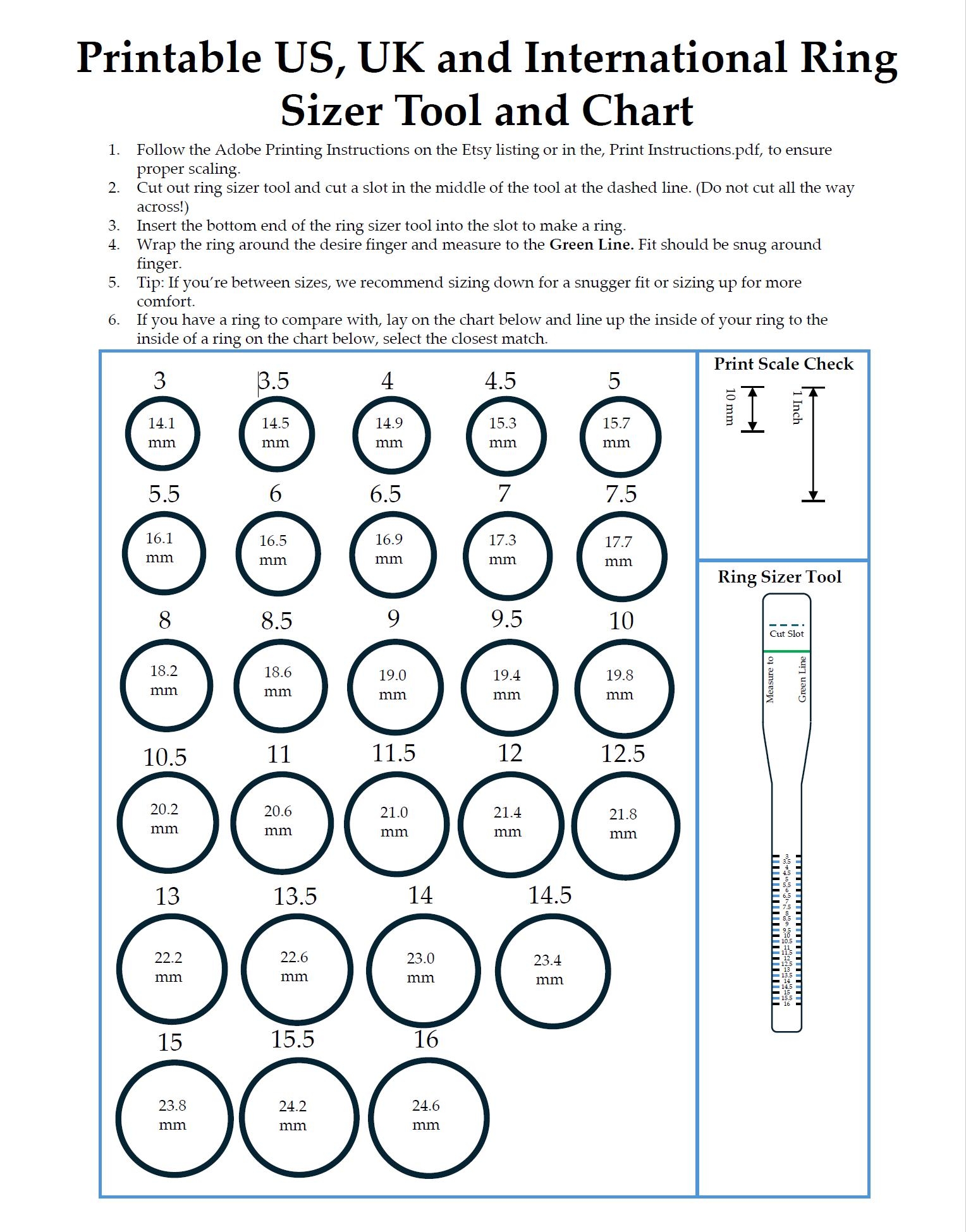 Printable Ring Sizer Tool US UK International Size Chart PDF Download Etsy