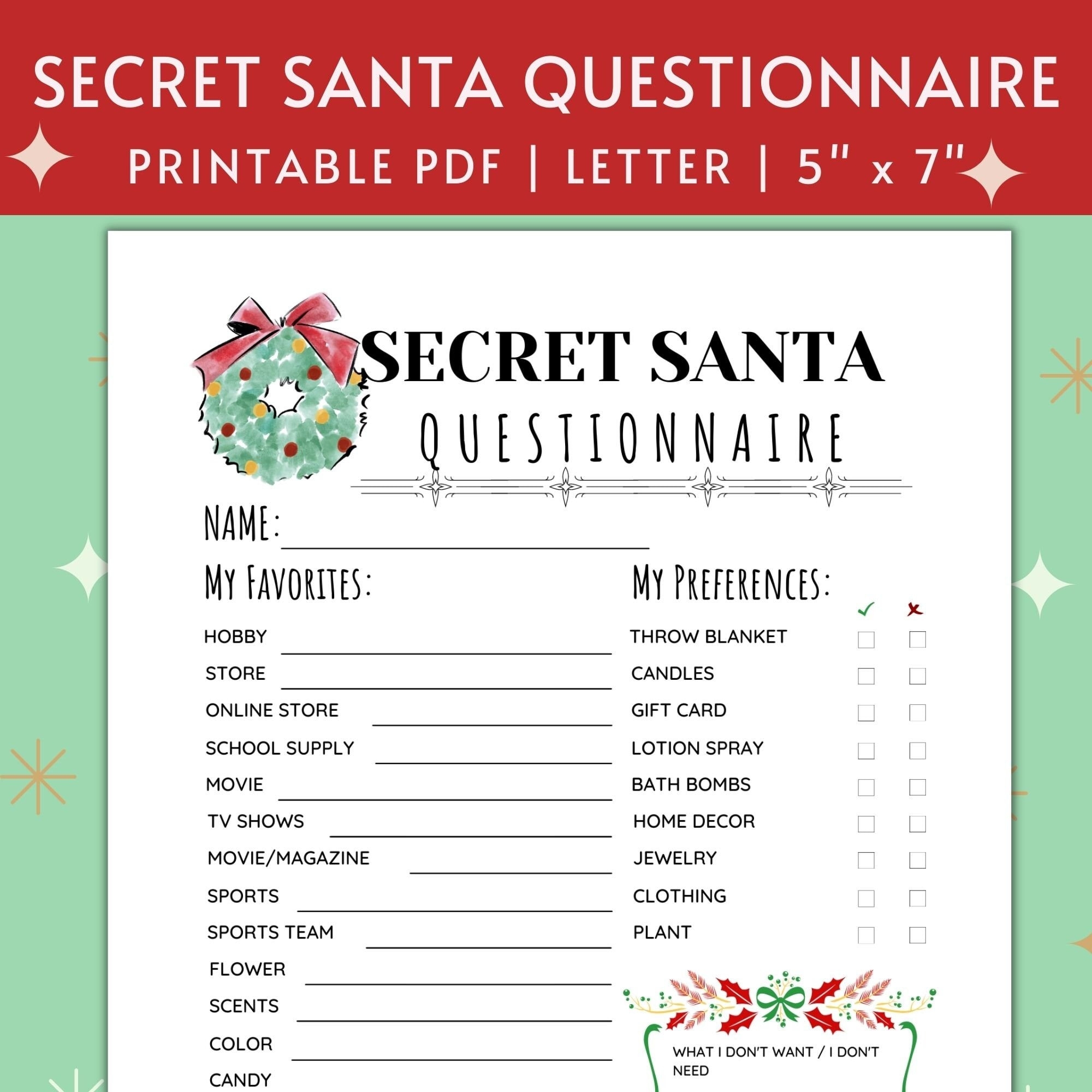 Printable Secret Santa Questionnaire For Work Or Family Holiday Party 5x7 Christmas Wish List Gift Exchange Activity INSTANT DOWNLOAD Etsy