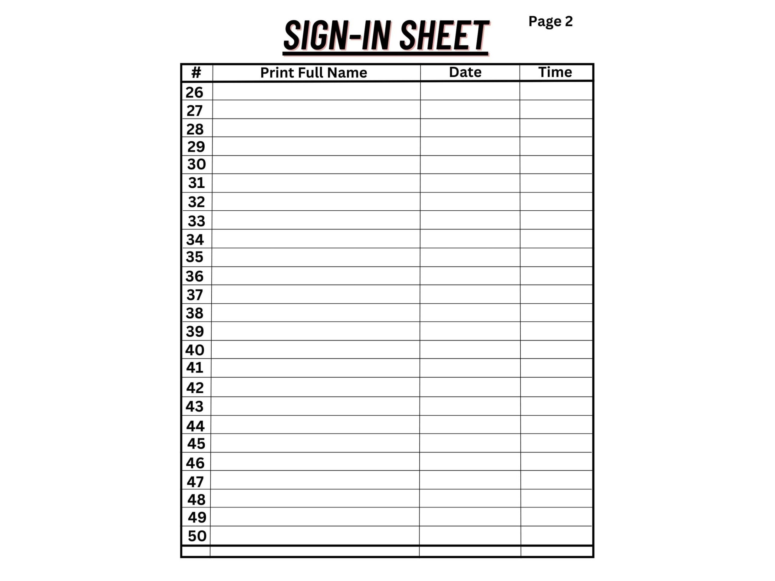Printable Sign in Sheet 25 Rows 8 5x11 Inches Etsy
