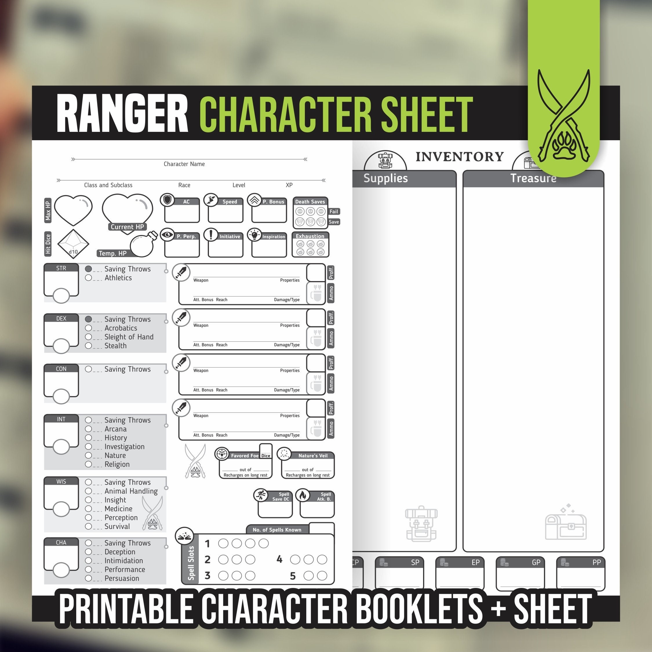 RANGER CHARACTER SHEET For DnD 5e Form Fillable Pdf Dungeons And Dragons Printable Character Sheet D D DnD Character Journal