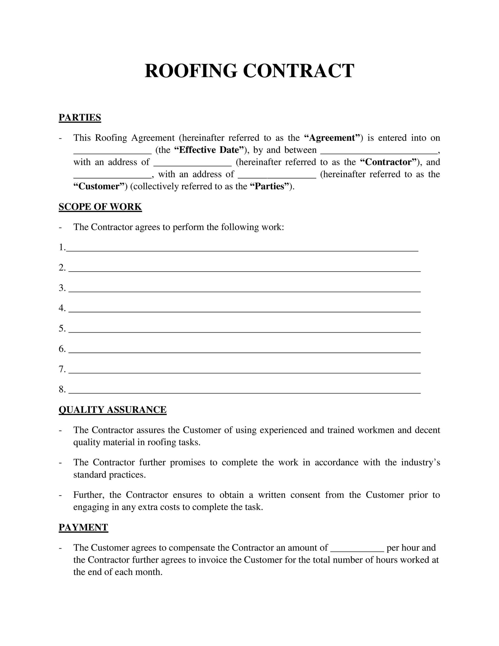 fill in blank printable roofing contract template
