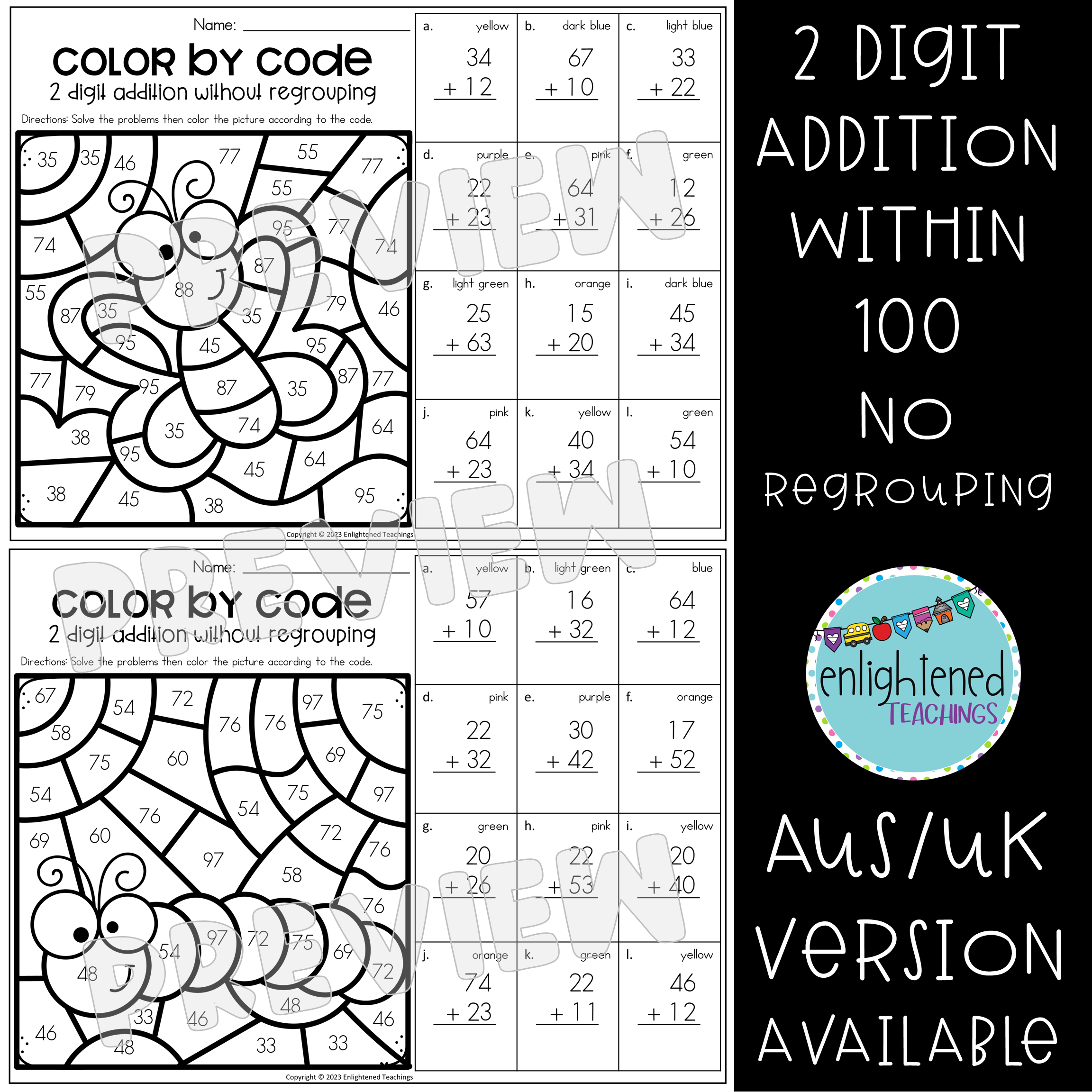 Spring 2 Digit Addition Without Regrouping Worksheet Color By Code Made By Teachers
