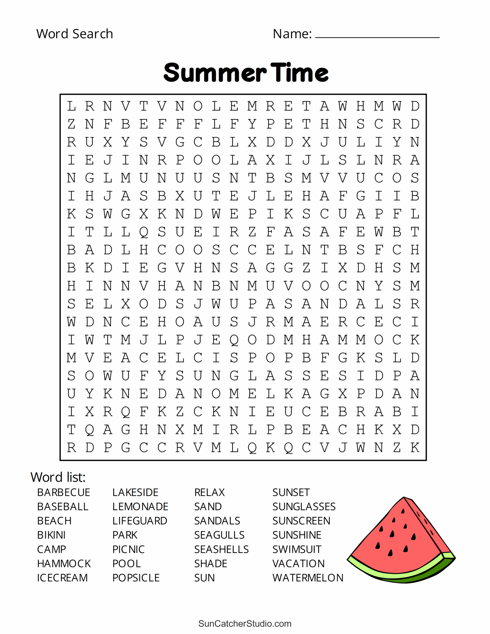 word search printable summer